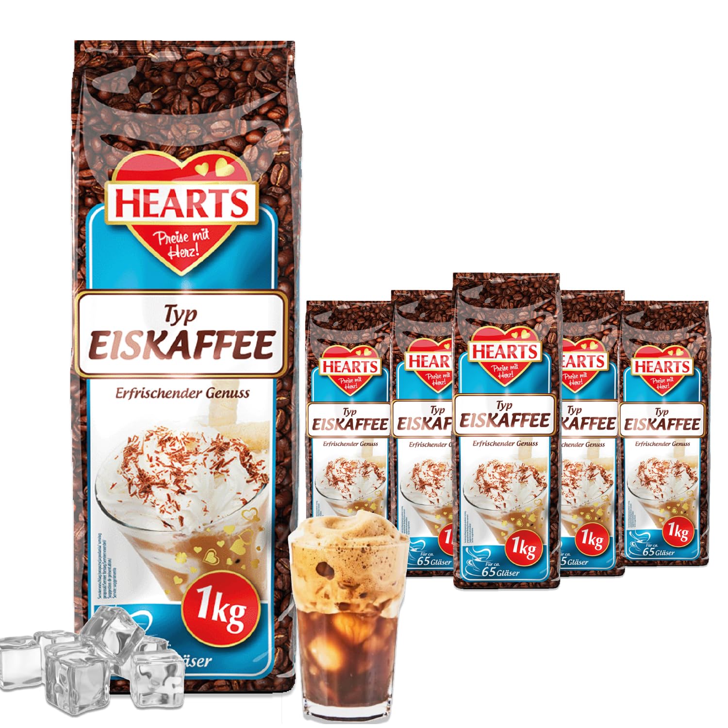 HEARTS kawa mrożona, 5 x 1 kg, lnstant kawa w proszku na lato, szybkie przygotowanie, 5 sztuk w opakowaniu ekonomicznym, wystarcza na 325 szklanek, Ice Coffee, letni napój z orzeźwiającą przyjemnością