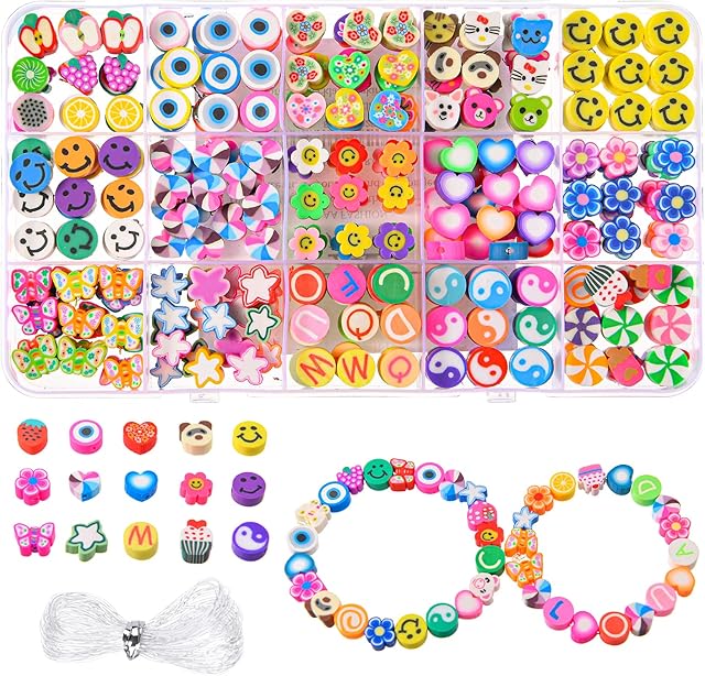 AA Fashion 300 Pcs Polymer Clay Beads, Fruit Smiley Flat Beads for Girls Jewelry Making DIY Craft Bracelet Making Kit