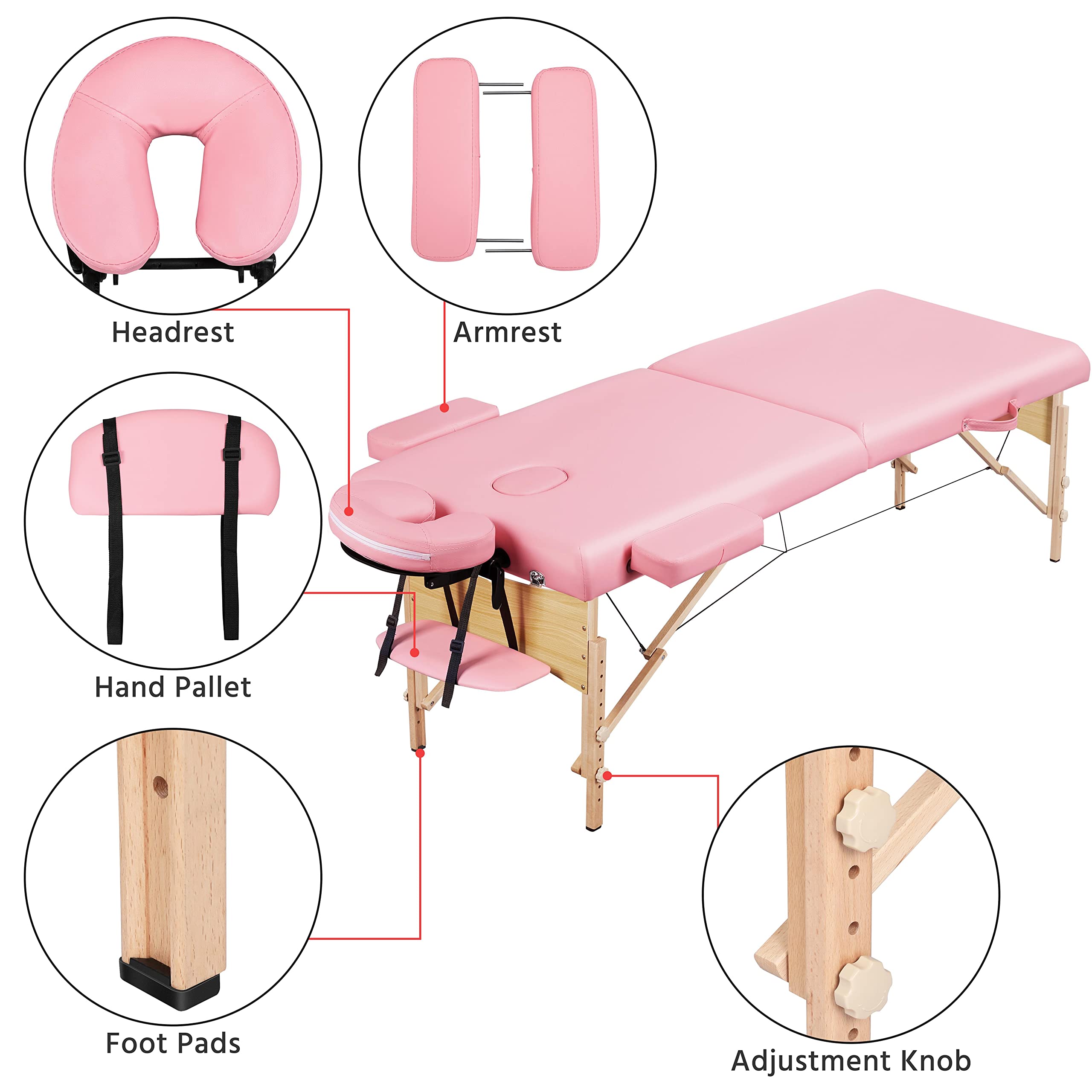 Yaheetech 28“ Wide Wood Massage Table with Rolling Stool 2 Folding Portable Massage Bed Spa Lash Table Stool Adjustable Swivel Salon Chair Pink