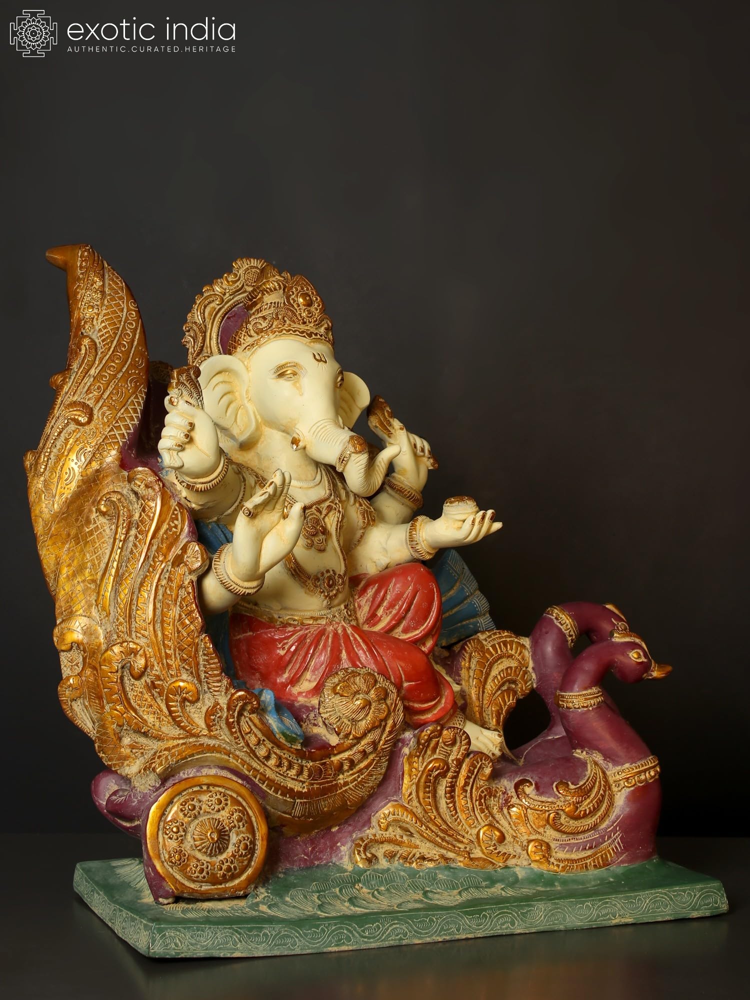 Exotic India Mosiężna statuetka błogosławieństwa lorda Ganesha na rydwanie łabędzia | Ganpati Idol prezent do świątyni Pooja Murti, wystrój domu, biura, dekoracji stołu