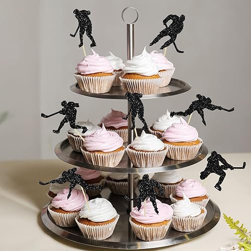 Miniatura 6 de Gyufise 24 adornos de hockey para cupcakes, jugadores de hockey con purpurina negra, selecciones de cupcakes, hockey sobre hielo, temática