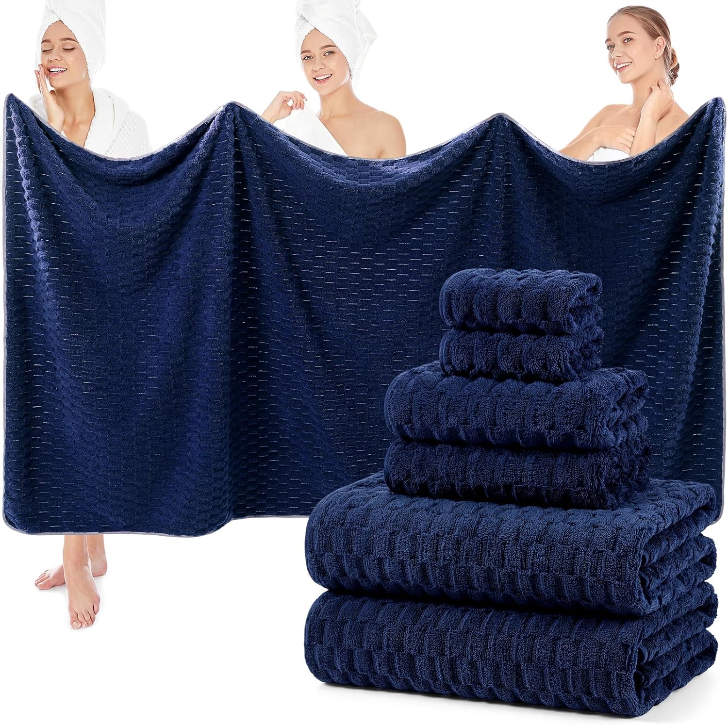 SmoothNovelty Set of 6 Extra Large Bath Towel 40x80 Inches Oversized Bath Sheet 2 Shower Towels 2 Hand Towels 2 Washcloths for Adult Absorbent Quick Dry Bathroom Spa Gym(Cloud Texture,Navy Blue)