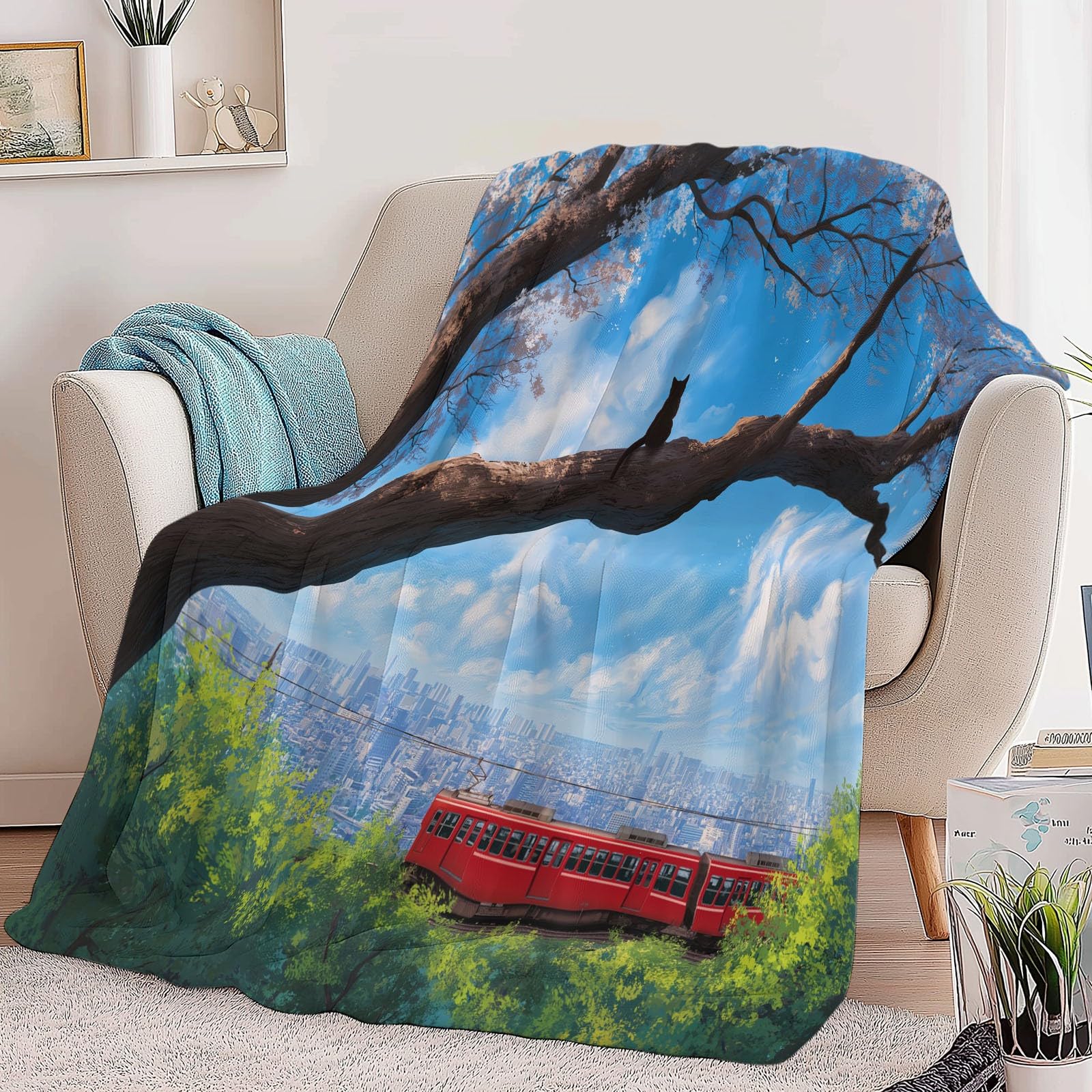 Puszysty koc flanelowy na sofę, łóżko, krzesło, miękki pejzaż miejski, kwiaty, pościel, 220 x 240 cm, dekoracyjny, ultramiękki koc dla dzieci, nastolatków, dorosłych, 220 x 240 cm