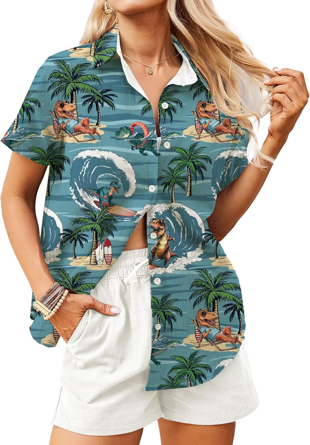 Hawaiian Shirts for Women Fun Dinosaur V Neck Button Up Print T-Shirt Short Sleeve Summer Casual Beach Blouse Top - Image 8