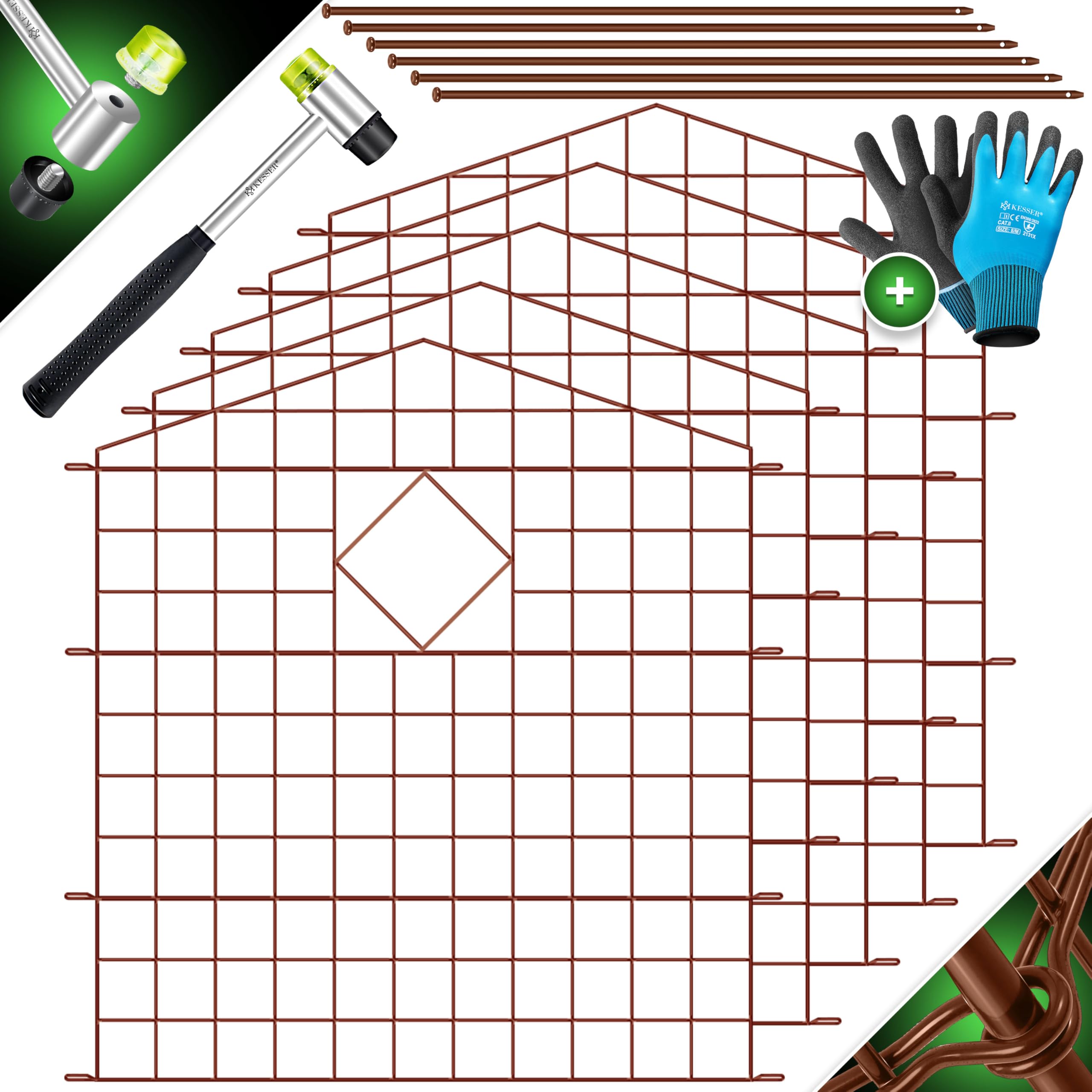 KESSER® Teichzaun Gartenzaun Steckzaun Komplettset Metall 5x Oberbogen Spitz Inkl. Handschuhe, 1x Hammer + 6 Befestigungsstäben, Zaun zum stecken für Garten, Gitterzaun Set Freigehege für Tiere