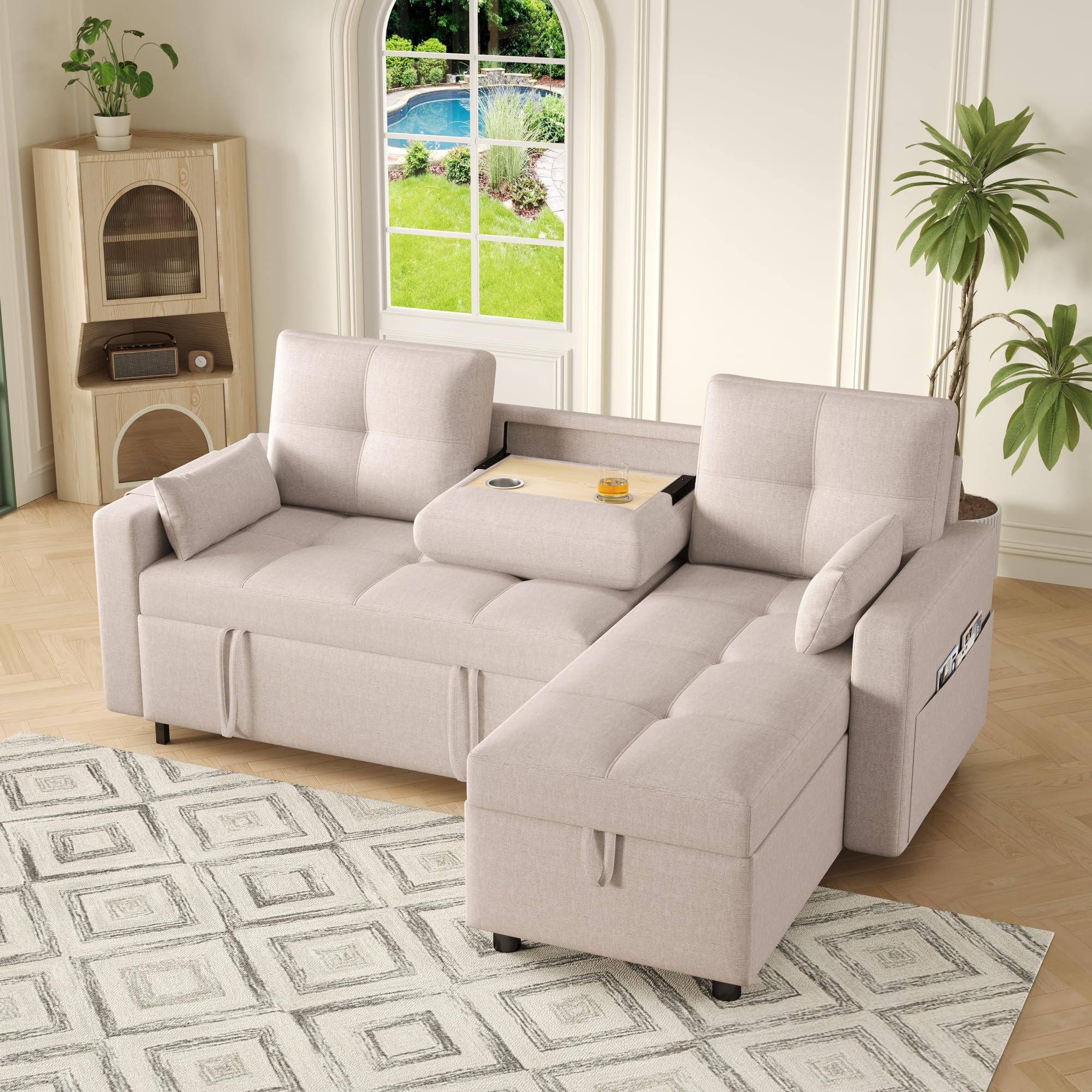 Lubvtti Sofá Cama 3 plazas con función de Cama,sofá esquinero Moderno en Forma de L con portavasos y Espacio de Almacenamiento, sofá 3 plazas,Lino,Beige