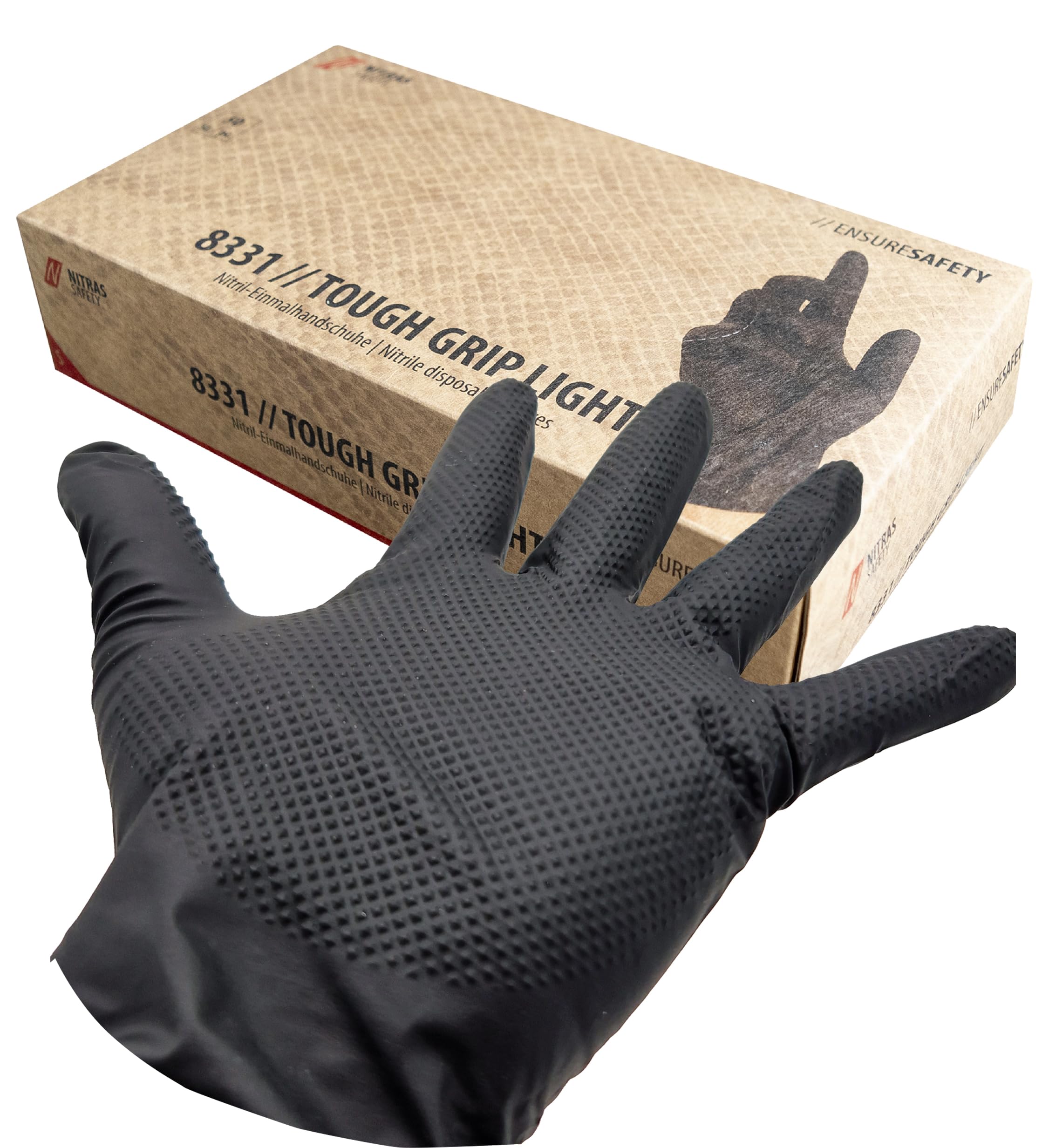 Tiga-Med Guanti monouso TOUGH GRIP | 50/250/500/1000 pezzi | guanti monouso extra forti | guanti in nitrile | guanti da lavoro per officina, giardino, laboratorio e montaggio | 50 pezzi/scatola (1000,
