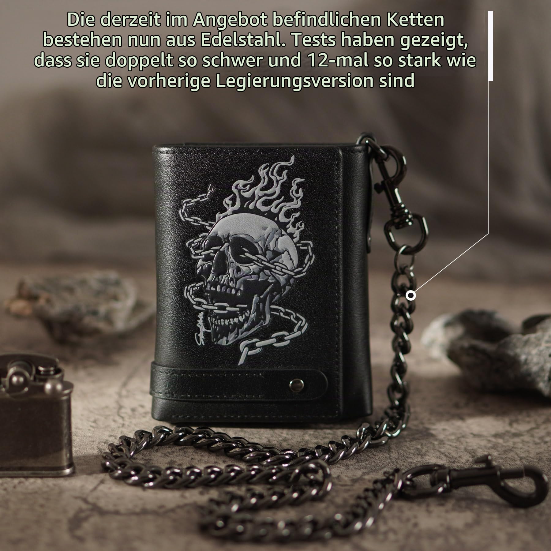 Leder Biker Geldbörse Herren Mit Kette,Totenkopf Geldbeutel,Dreifach Gefaltete Geldtasche,Skull Wallets for Men,Portmonee RFID-Schutz,Geschenkidee für Männer (Black)