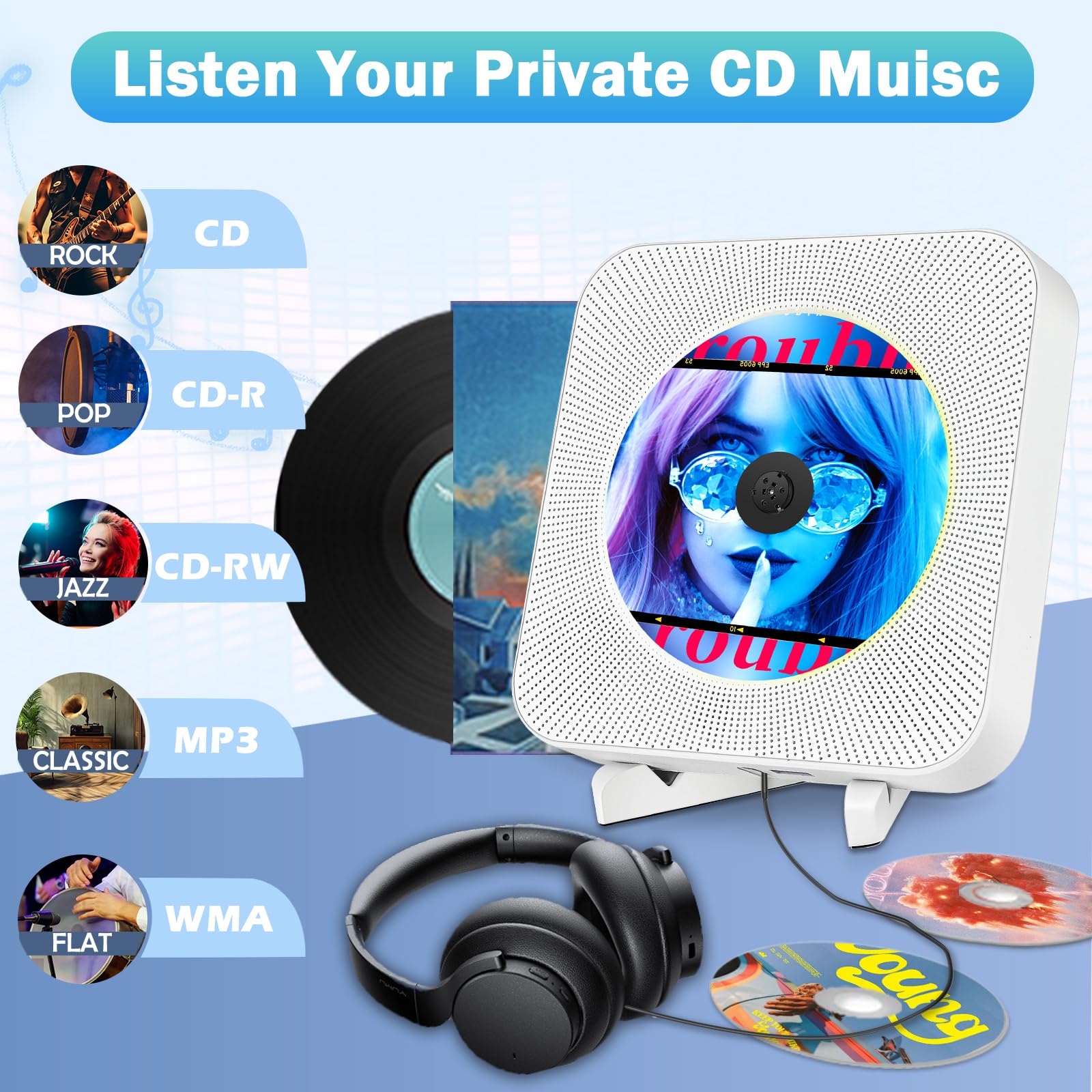 Odtwarzacz CD Bluetooth z Głośnikiem Hi-Fi, Naścienny Odtwarzacz CD do Domu, FM/USB/Wejście Słuchawkowe AUX,CD-Player z Pilotem Zdalnego Sterowania
