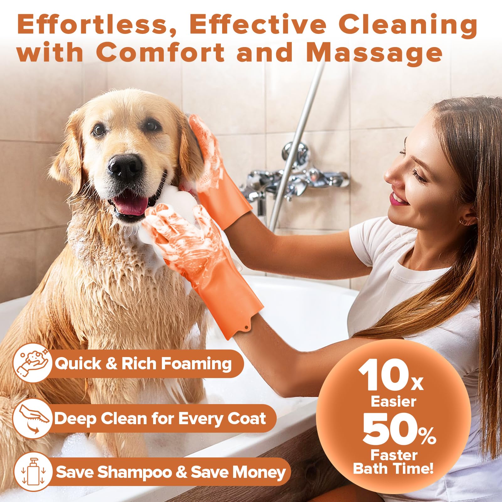 Augwind 6PCS Grooming & Bath Supplies for Dogs, Cats | Dog Washing Gloves | Dog Bath Brush | Dog Shower Brush | Pet Grooming Gloves | Dog Grooming kit | Pet Supplies for Showerhead & Sprayer (Orange) view 2