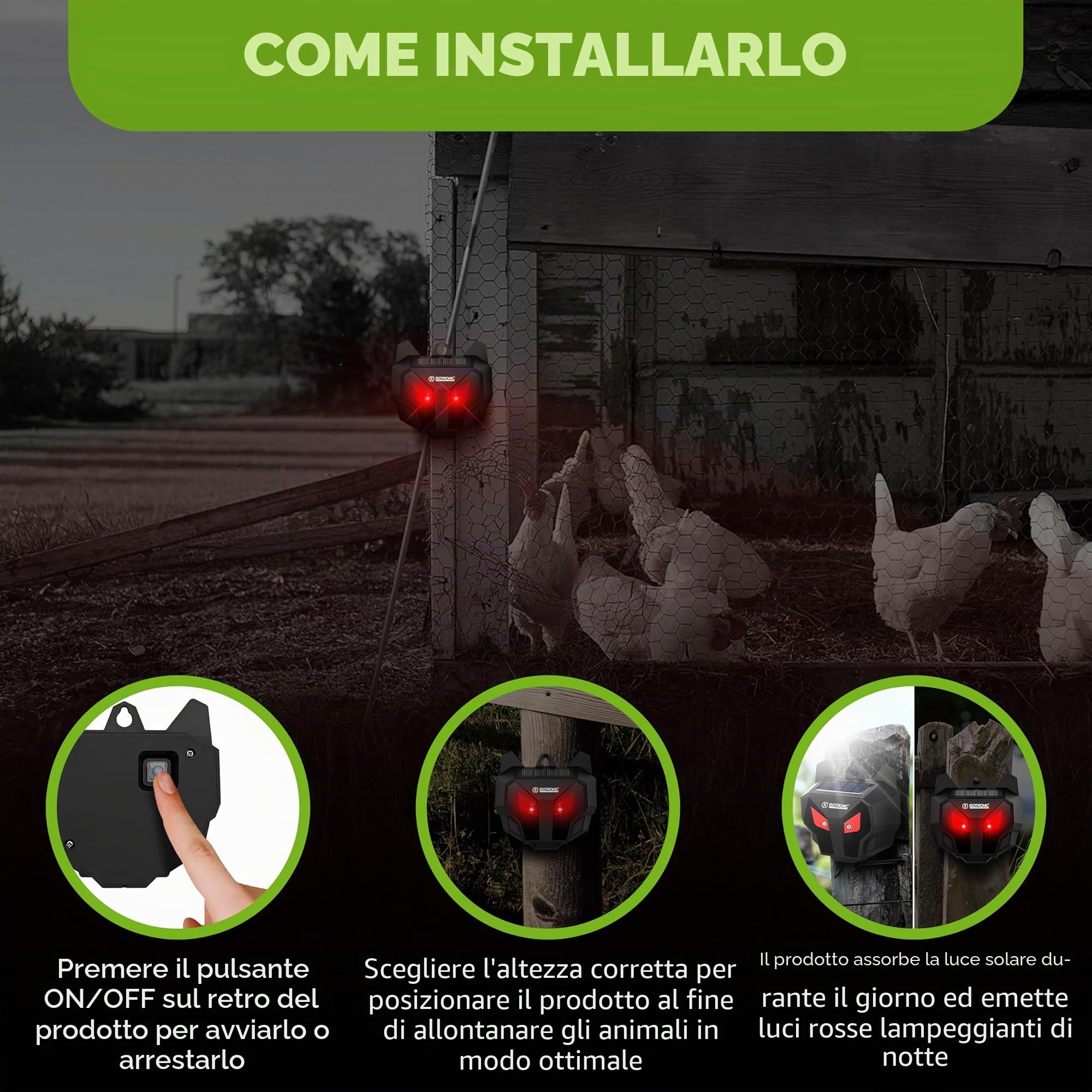 ISOTRONIC Repellente Solare Animali Selvatici LED Rosso, Dissuasore per Procioni Cervi Volpi Cinghiali, Raggio d'azione 40m², Deterrente Efficace Esterno e Giardino, Protezione Sicura (3 Unità)