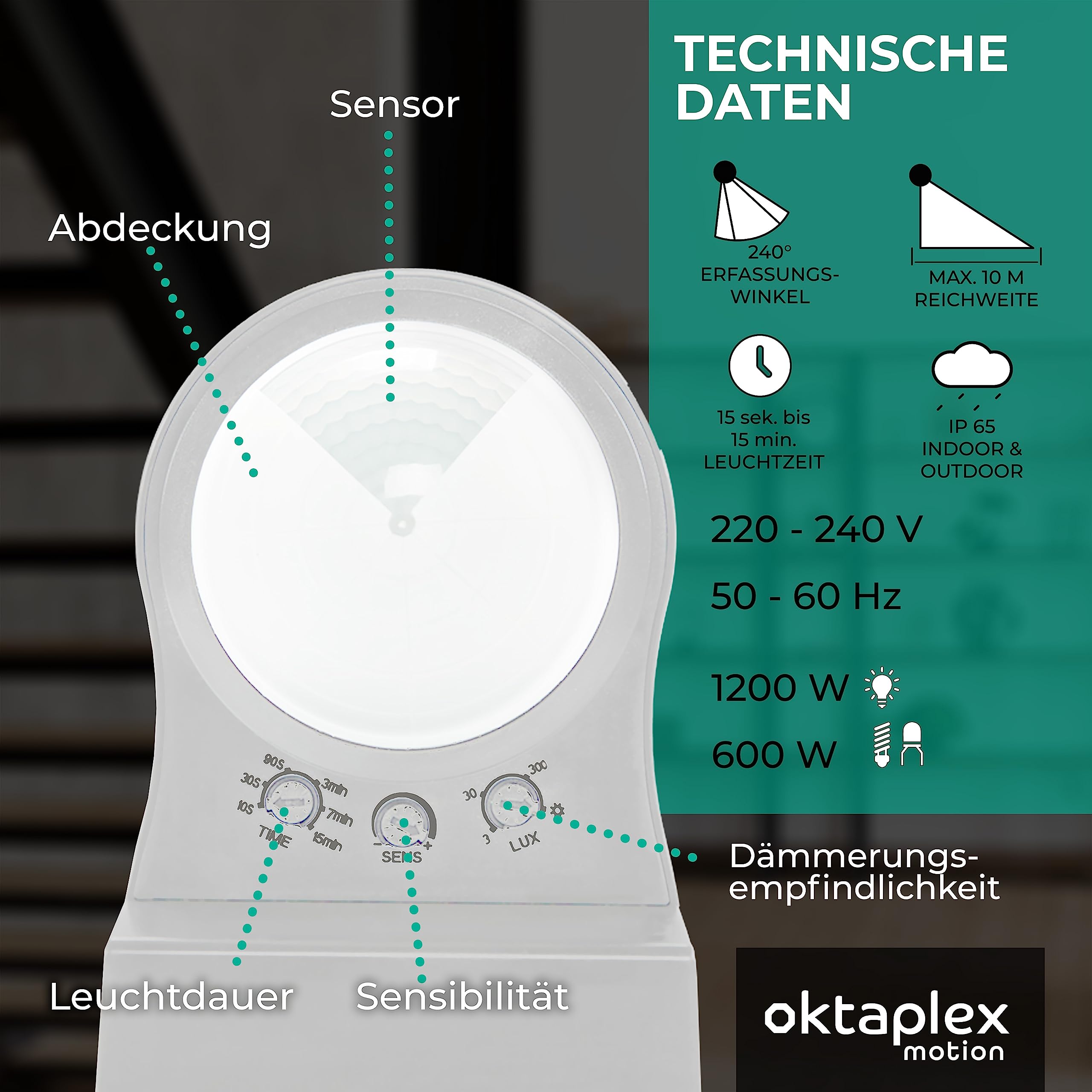 Oktaplex Set de 2 Don Sensor de Movimiento Exterior 230V IP65 240° Sensor infrarrojo Ajustable 10m de Alcance Blanco Incl. Soporte esquinero | IP65 240° Sensor infrarrojo ajustable 10 m incluye soporte de esquina de 230 V