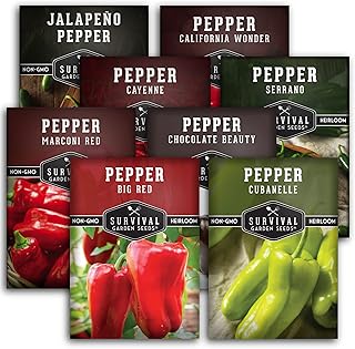 Survival Garden Seeds Eight Peppers Collection - Big Red, Cayenne, Jalapeño, Serrano, California Wonder, Marconi Red, Choc...