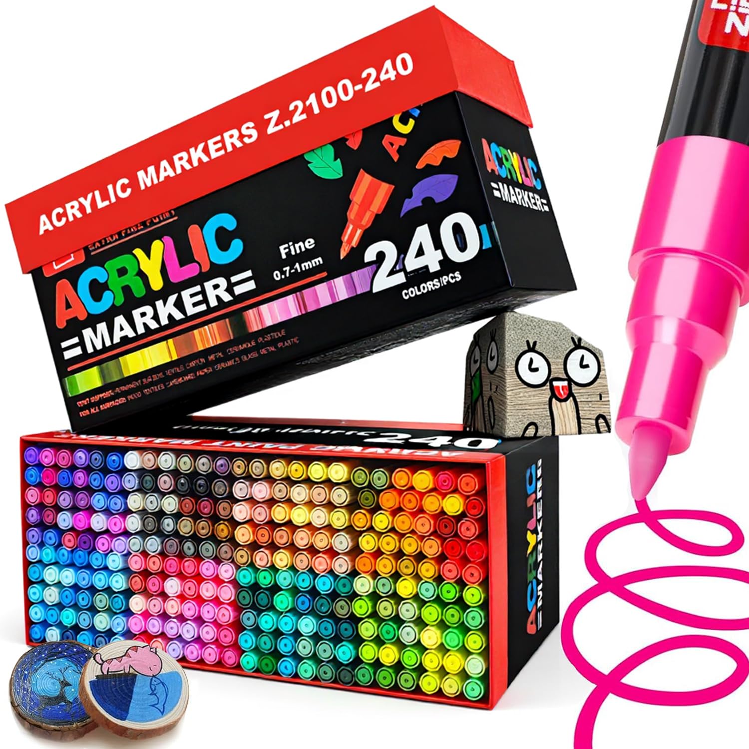 Guangna 240 Acrylic Paint Markers,Fine Tip Acrylic Paint Pen, Waterproof & High Saturation Ideal for Wood, Metal, Plastic, Canvas, Fabric, Glass, Ceramic, Rock Painting DIY Art Supplies