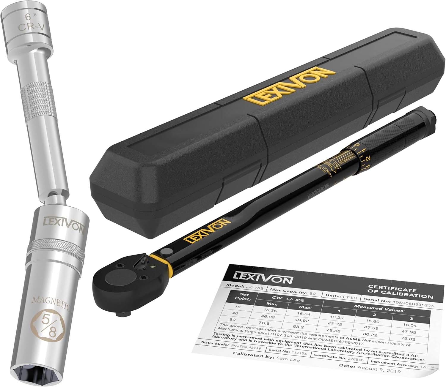 LEXIVON 5/8" Swivel Magnetic Spark Plug Socket, 3/8" Drive x 6" Total Length Cr-v Steel + 3/8-Inch Drive Click Torque Wrench 10~80 Ft-Lb/13.6~108.5 Nm