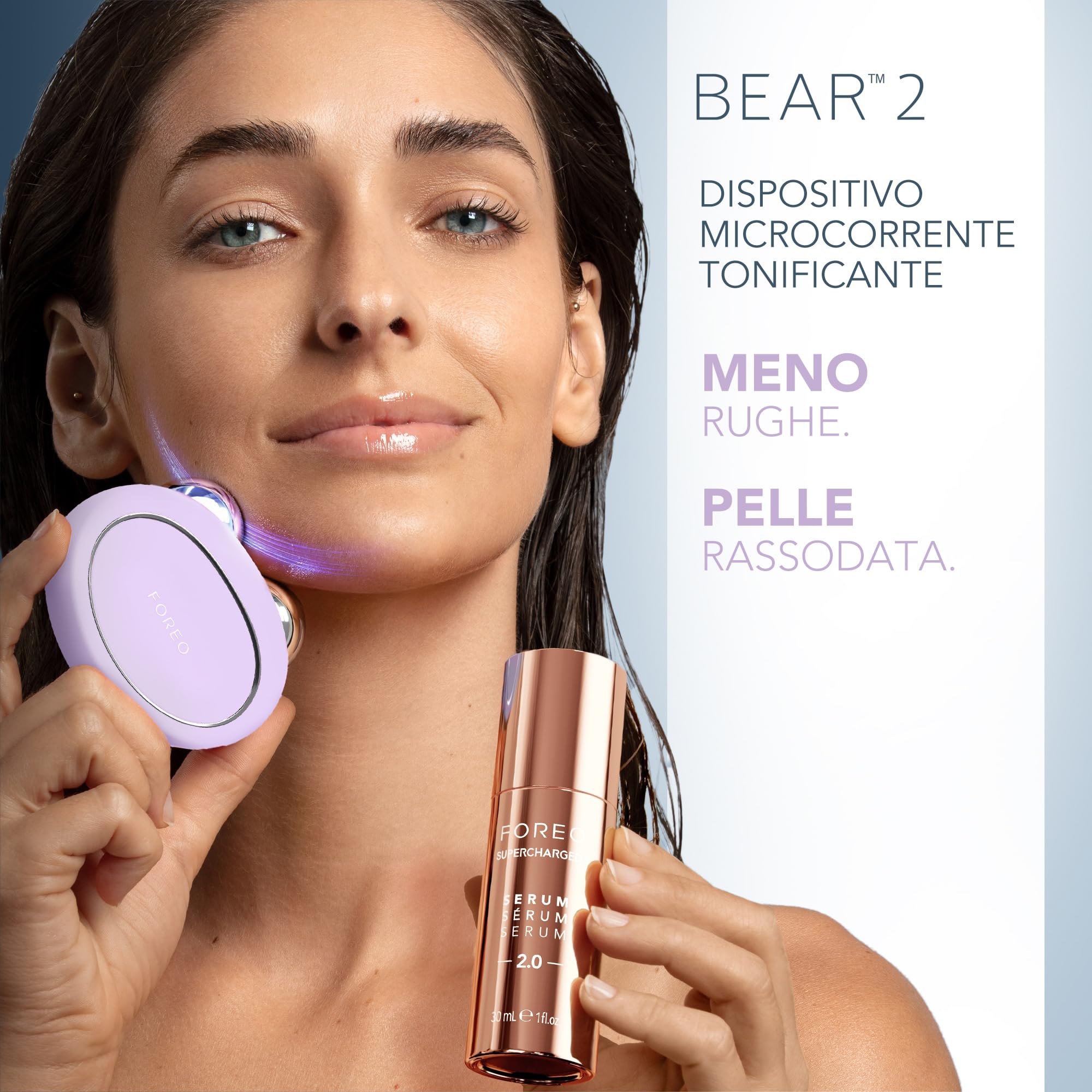 Set FOREO Total Facelift - Massaggiatore viso lifting con microcorrente FOREO BEAR 2 + Siero faccial SUPERCHARGED SERUM 2.0 (30 ml) + Crema viso idratante HA+PGA SUPERCHARGED (50 ml)