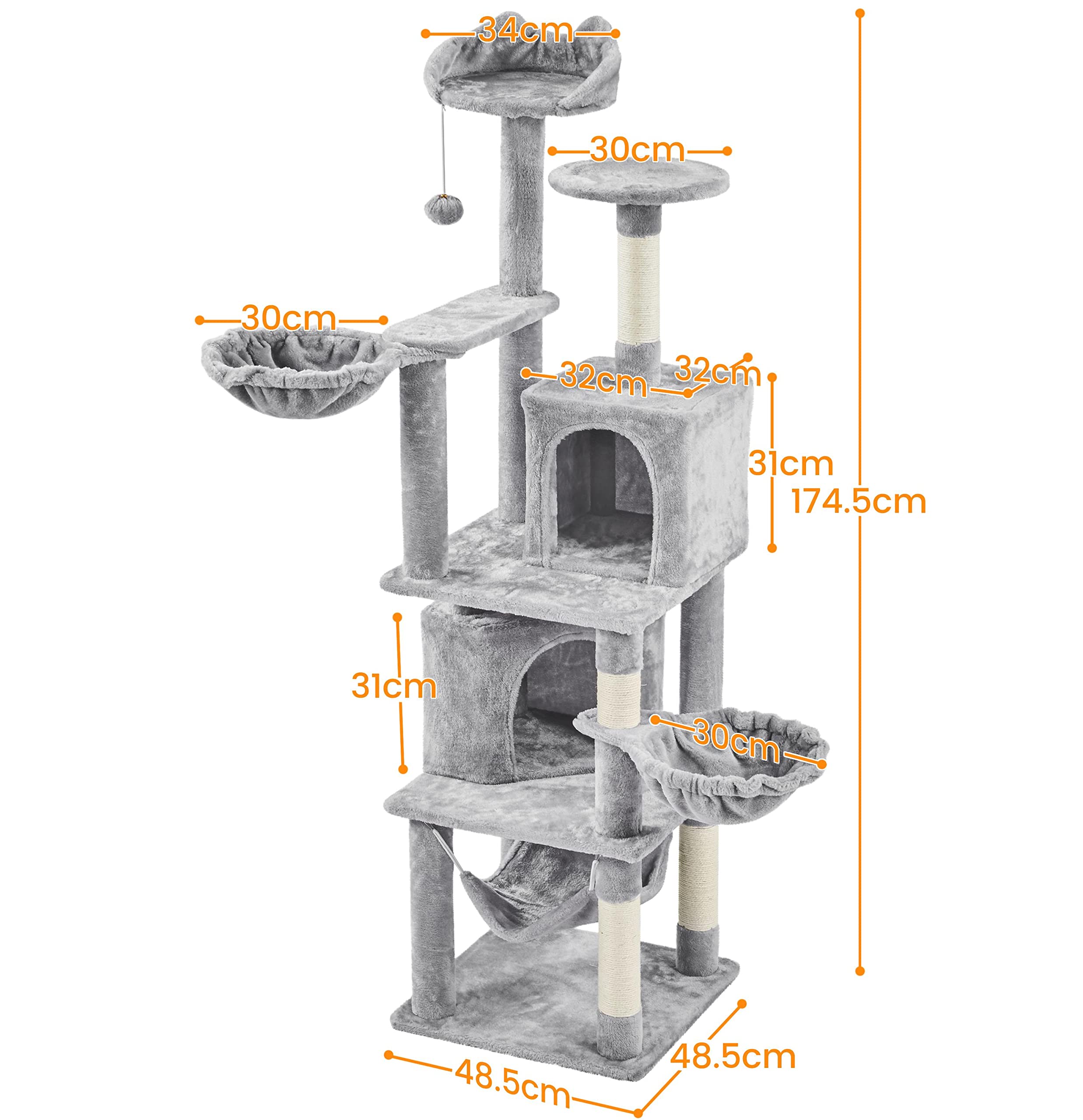 Yaheetech XXL Katzenkratzbaum 175 cm deckenhoch Kratzbaum für große Katzen, Stabil Kletterbaum mit Sisal-Kratzsäulen Plattformen Korb Hängematte Plüschball, Hellgrau