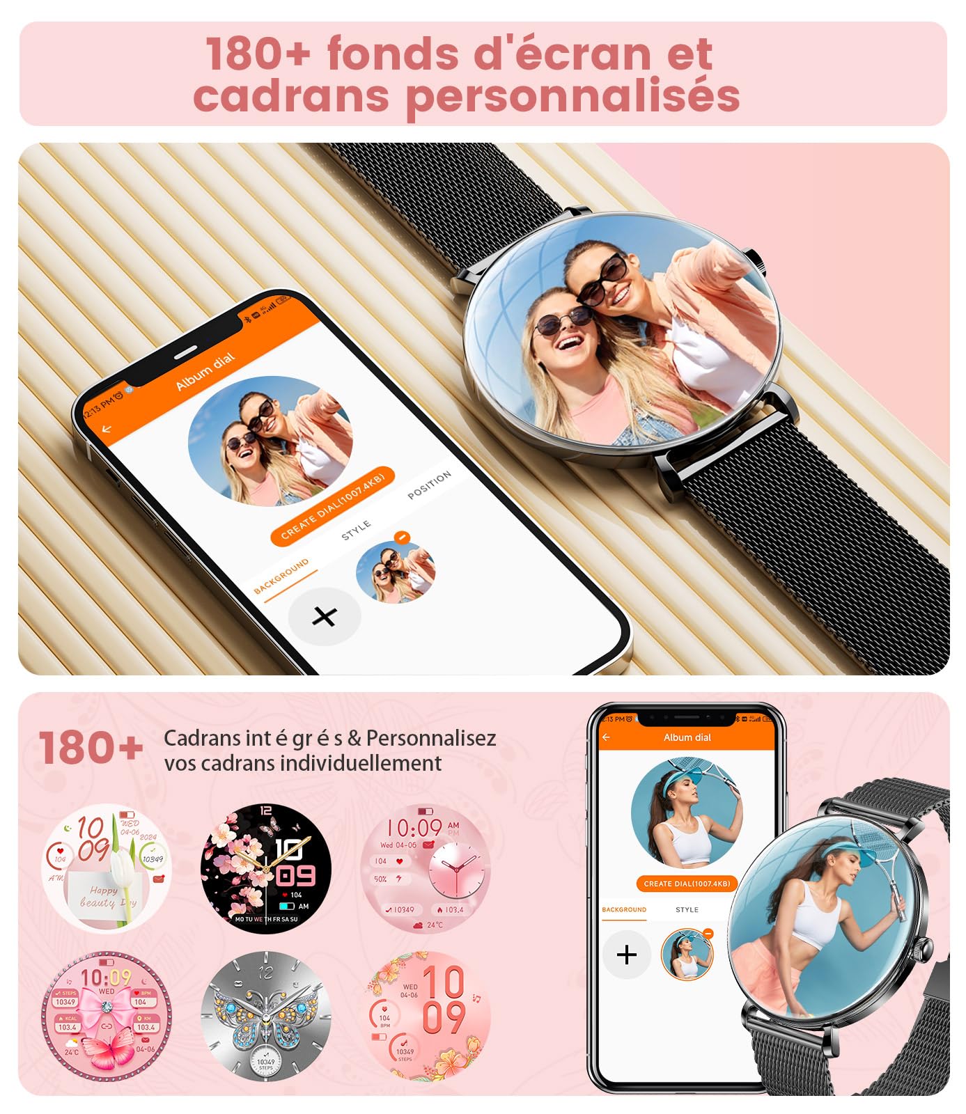 SUNKTA Montre Connectée Femme Léger avec Ultra-Mince 1.43'' Écran Courbé AMOLED Appels Podómetro/Fréquence Cardiaque 100+ Modes Sportifs IP68 Imperméable Élégante Femme Smartwatch Android iOS