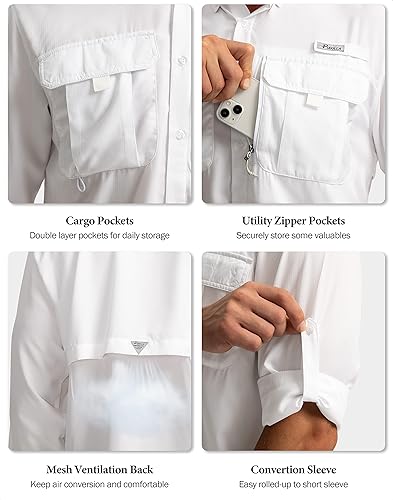 Miniatura 5 de Camisetas de protección solar para pesca de manga larga para hombres, camisas de trabajo de viaje para hombres UPF50+ con botones y bolsillos