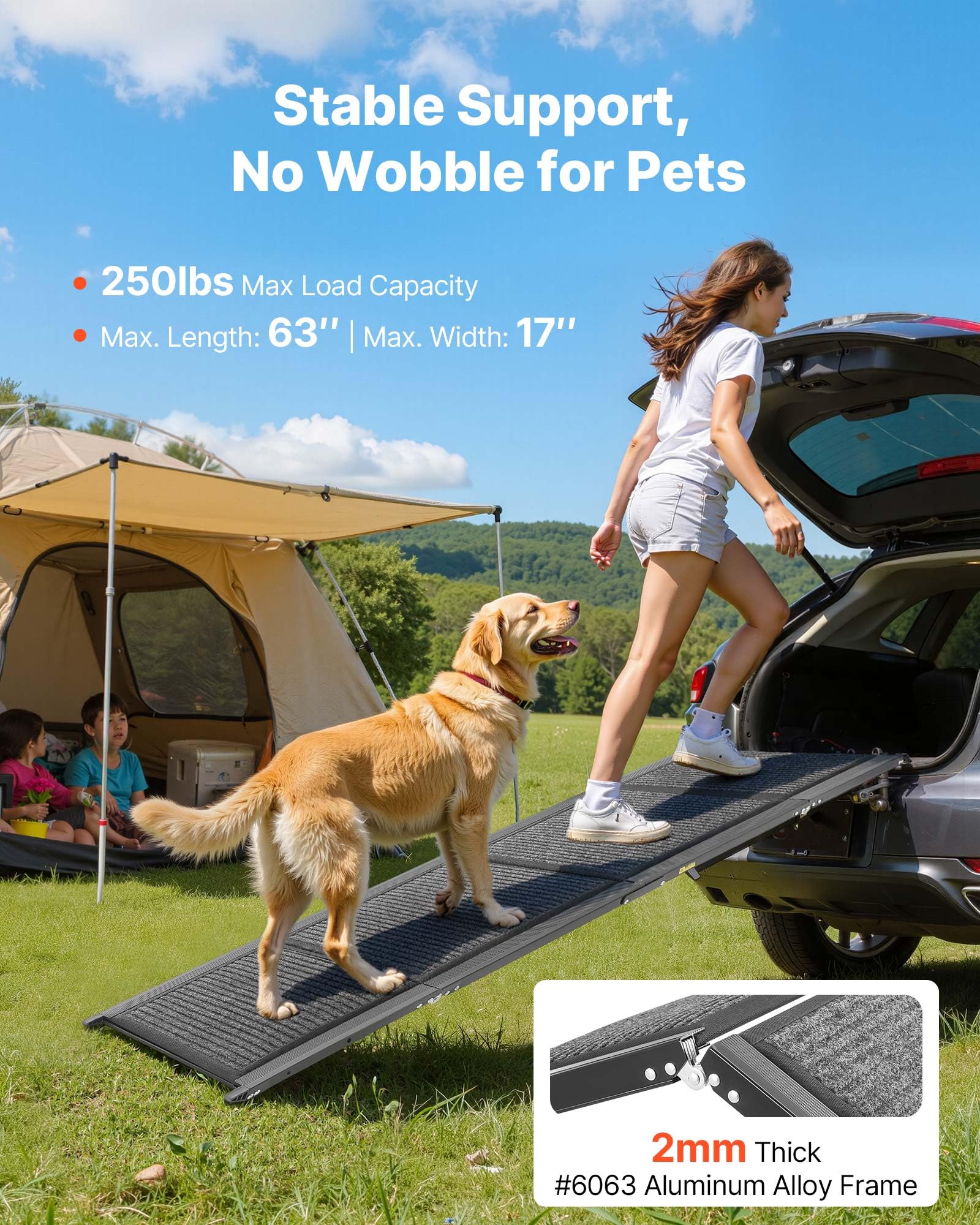 VEVOR Rampa para Perros para Coche, 160 x 43,2 cm, Plegable, para Perros Medianos y Grandes de hasta 113 kg, con Superficie de Fieltro Antideslizante, Portátil, para Exteriores, SUV y Camiones