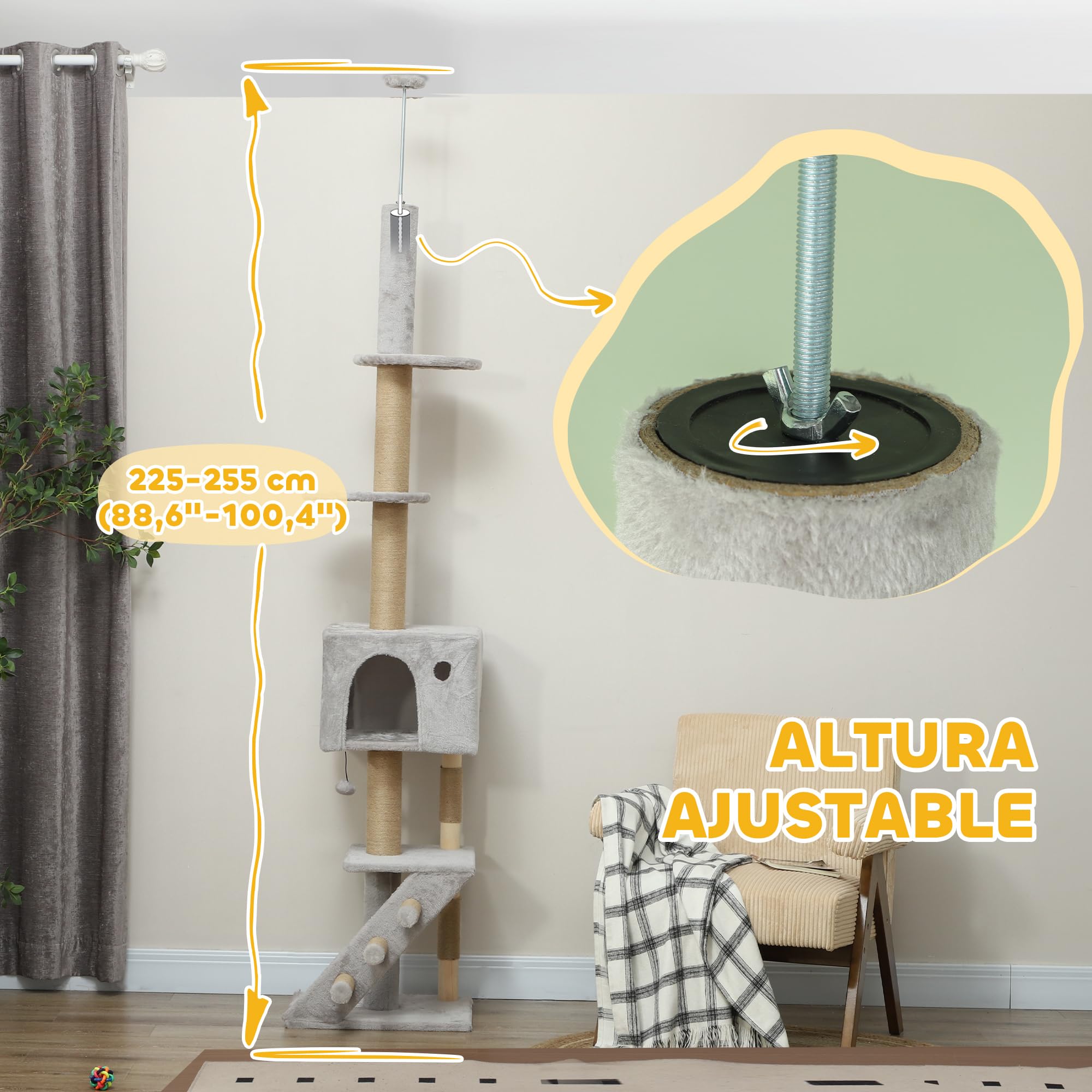 PawHut Árbol para Gatos de Suelo a Techo con Escalera 225-255 cm Gris Claro | Árbol Rascador para Gatos, Altura Ajustable, Múltiples Plataformas, Bola Colgante