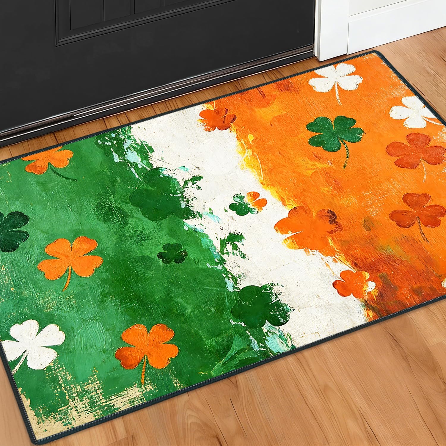 2x3FT Area Rug Irish Clover Green Orange Indoor Entryway Rug, Washable Non Slip Front Door Rugs for Hallway Apartment Entry