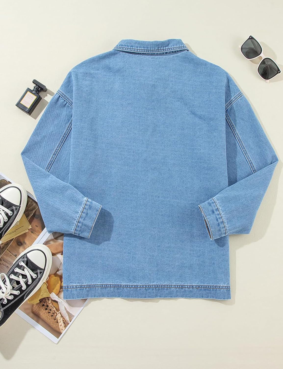 Womens Oversized Button Down Denim Jacket Long Sleeve Boyfriend Jean Shacket Jacket Coat with Pockets - Image 5
