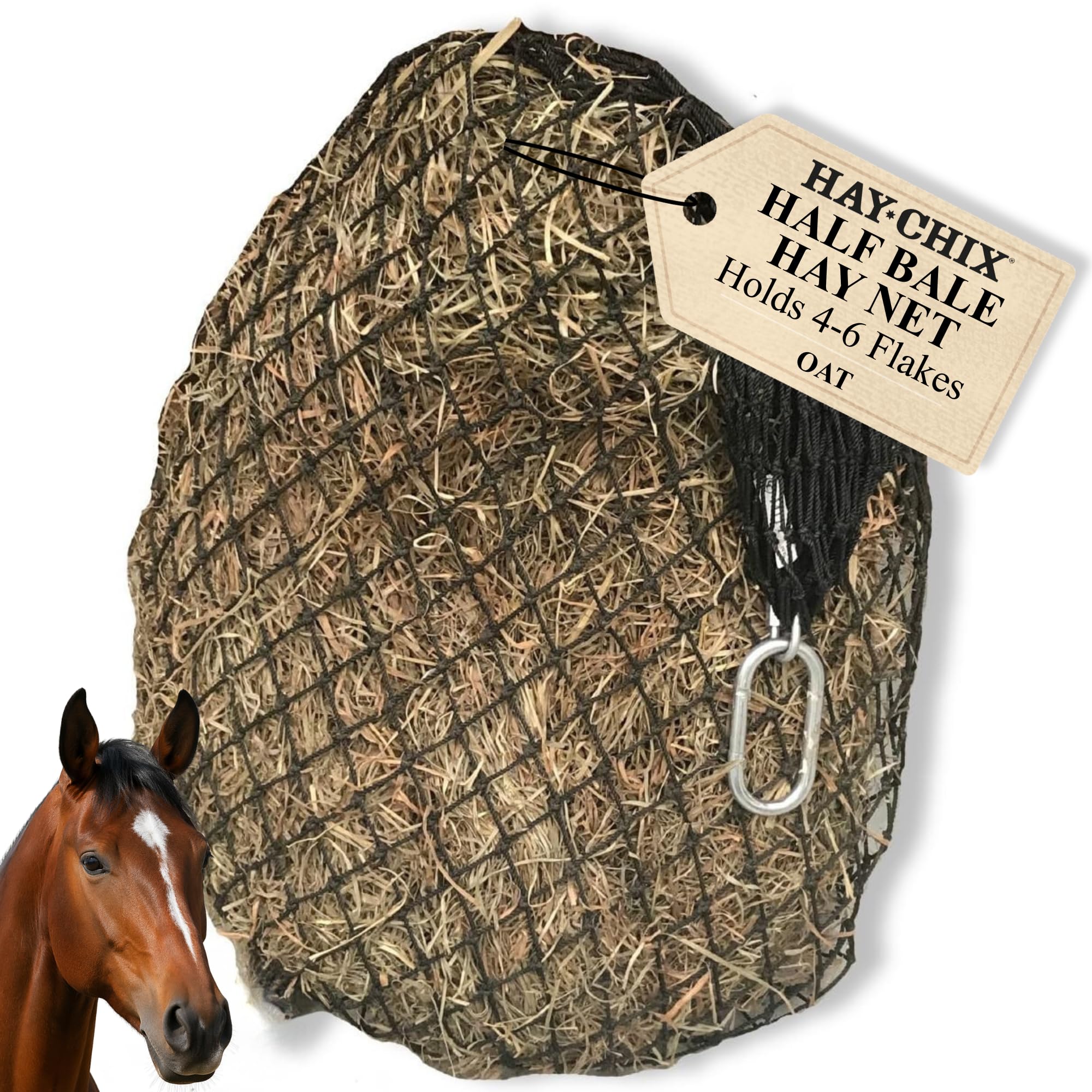 Hay Chix Red de heno para caballos | Alimentador de bolsas de heno de alimentación lenta | Nailon tratado UV de grado marino | Capacidad para 4-6 copos | Red de media bala | Agujeros de 1 3/4 pulgadas