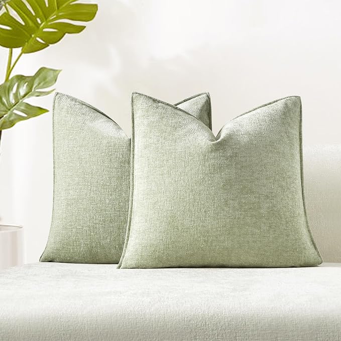 JUSPURBET Light Green Throw Pillow Covers 20x20 Set of 2 Decorative Pillow Covers for Couch Sofa Bed Cozy Chenille Cushion Covers Cases with Invisible Zipper for Living Room Home Decor