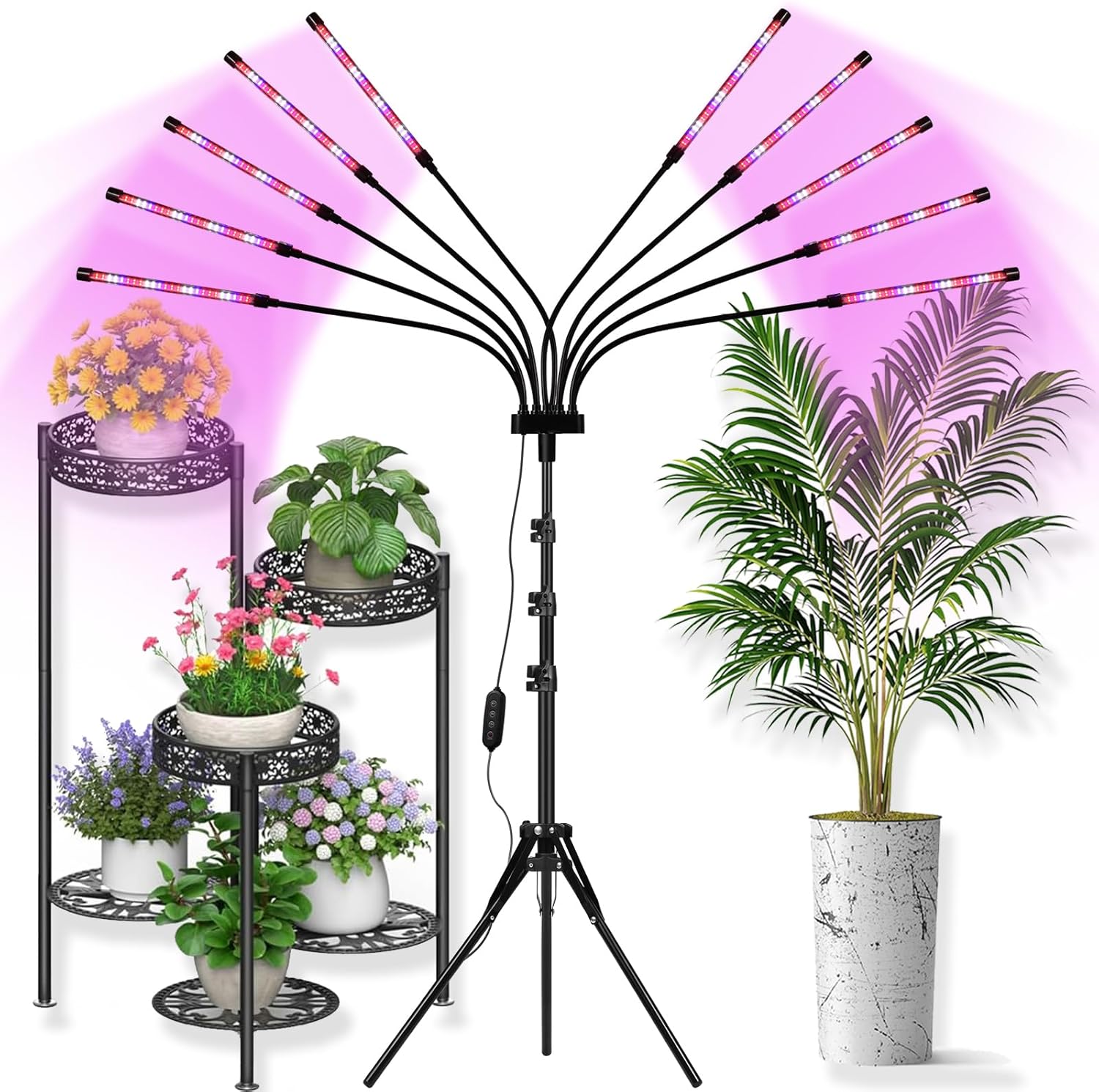Grow Lights for Indoor Plants 8 Heads, Full Spectrum Plant Lights for Indoor Growing with Tripod Stand, Auto On/Off Timing 4/8/12H, LED Grow Lights for Indoor Plants. (Mix Spectrum 10 Arms)