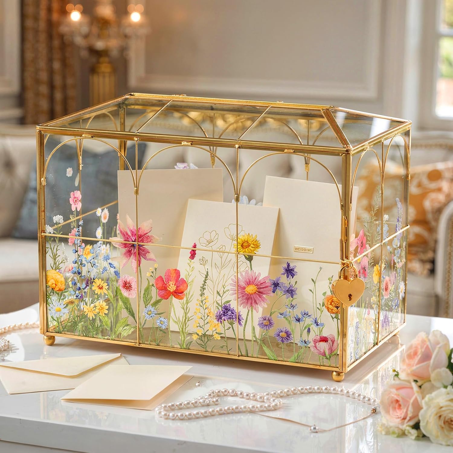 AerWo Glass Wedding Card Box with Lock, Gold Rim Gift Card Box for Wedding with Flower Patterns, Clear Wedding Card Boxes for Reception Memory Money Box for Graduation Baby Shower Birthday Party Decor