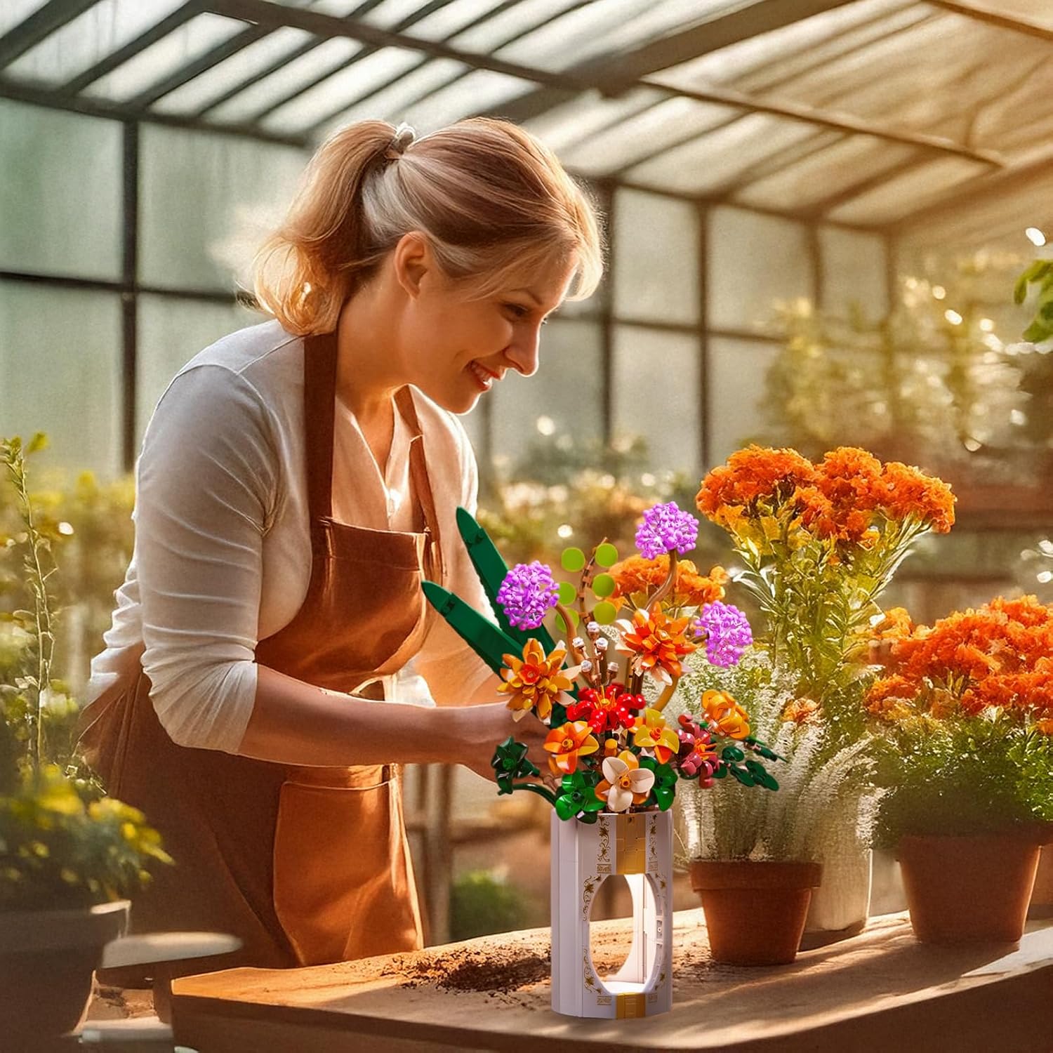 FANTASY&Co. Elegant Floral Display Building Kit with Vase | DIY Flower Bouquet Blocks for Adults & Teens | Unique Home Decor Centerpiece | Perfect Festival Gift for Family (890+ Pcs)