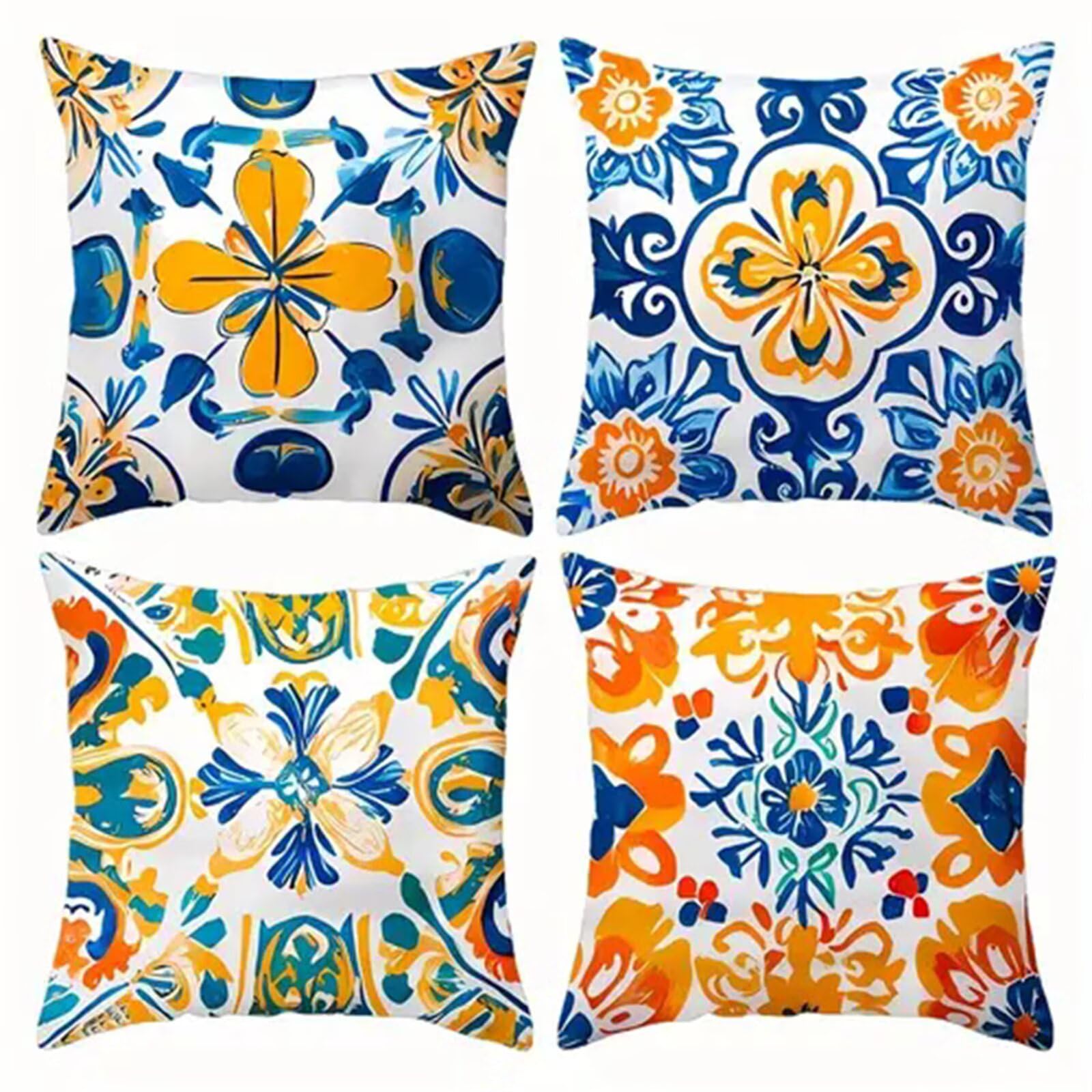 Housses Coussins 65x65 cm,Bleu Orange Lot de 4 Velours Taie d'oreiller Décoratif Canapé,Motif Fleurs de Mandala Housse de Coussin Carré pour Maison Salon Chambre Chaise Lit Jardin