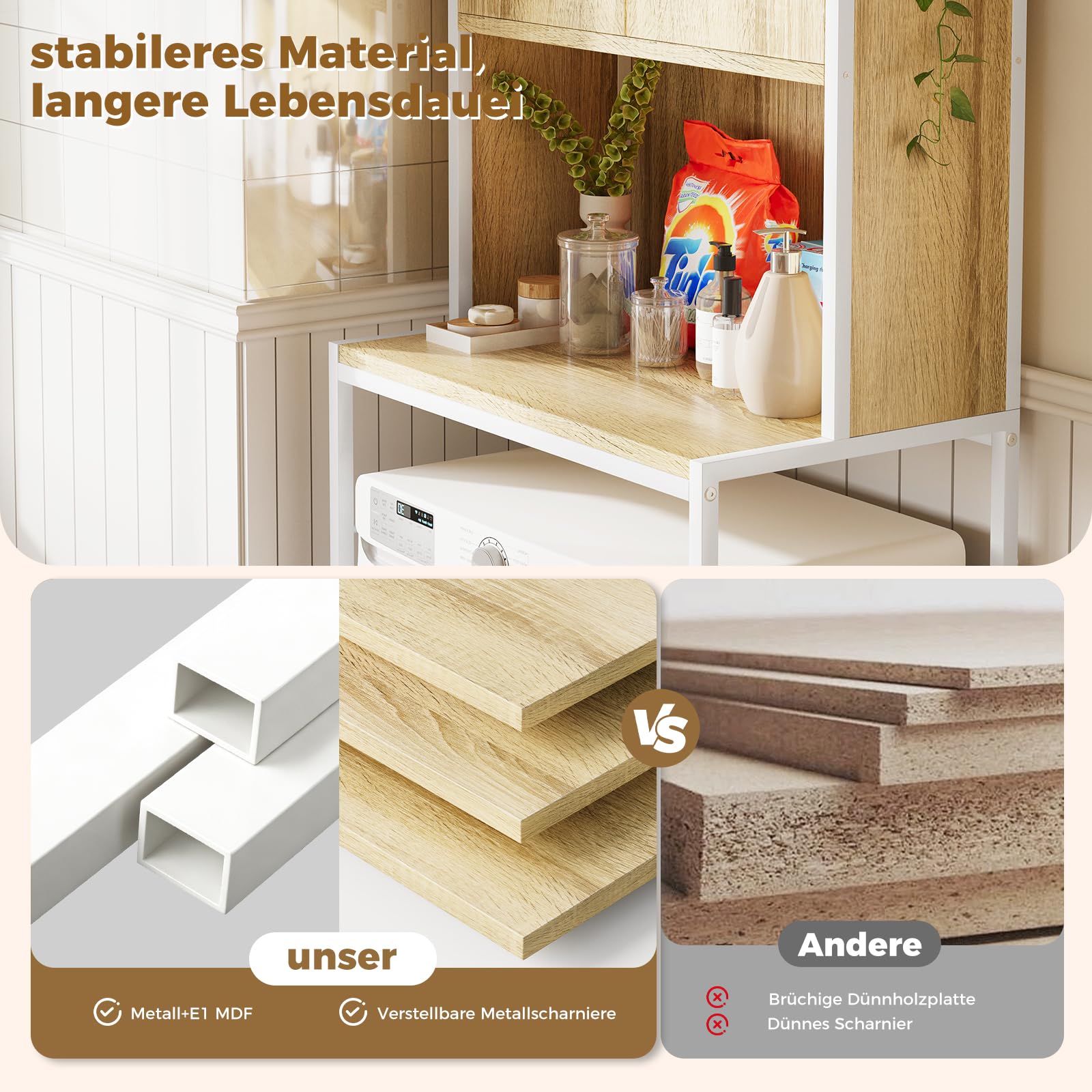 ELUCHANG Mobile Lavatrice,con Ante e Ripiano Aperto,mobile alto per bagno,Mobiletto Bagno Salvaspazio,Rovere Chiaro +Bianco,67x40x174cm
