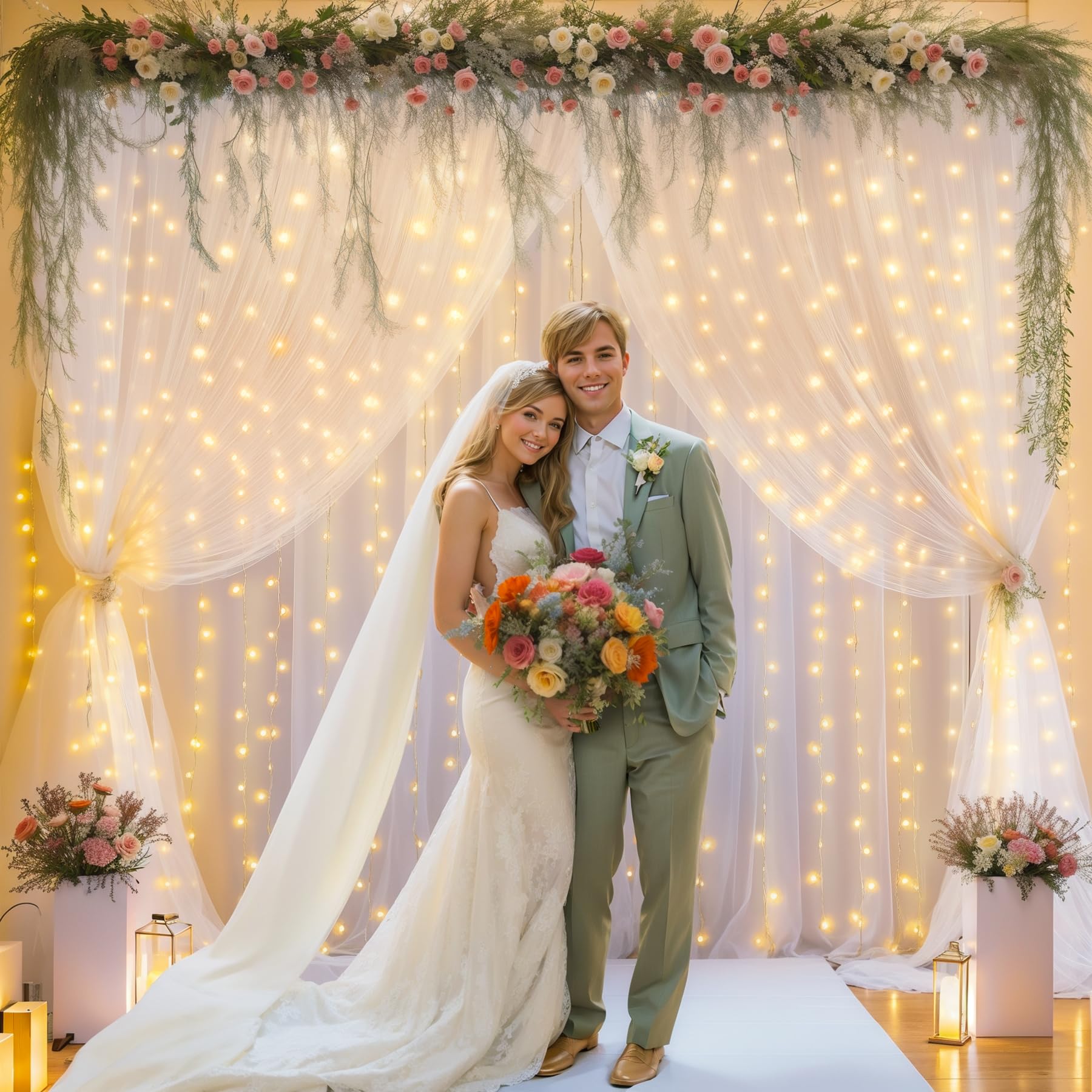 12,2 x 3 m weißer Tüll-Hintergrundvorhang mit Lichterschnur für Hochzeit, Brautparty, Dekorationen – faltenfreie, durchsichtige Vorhänge für Party, Babyparty, Fotohintergrund