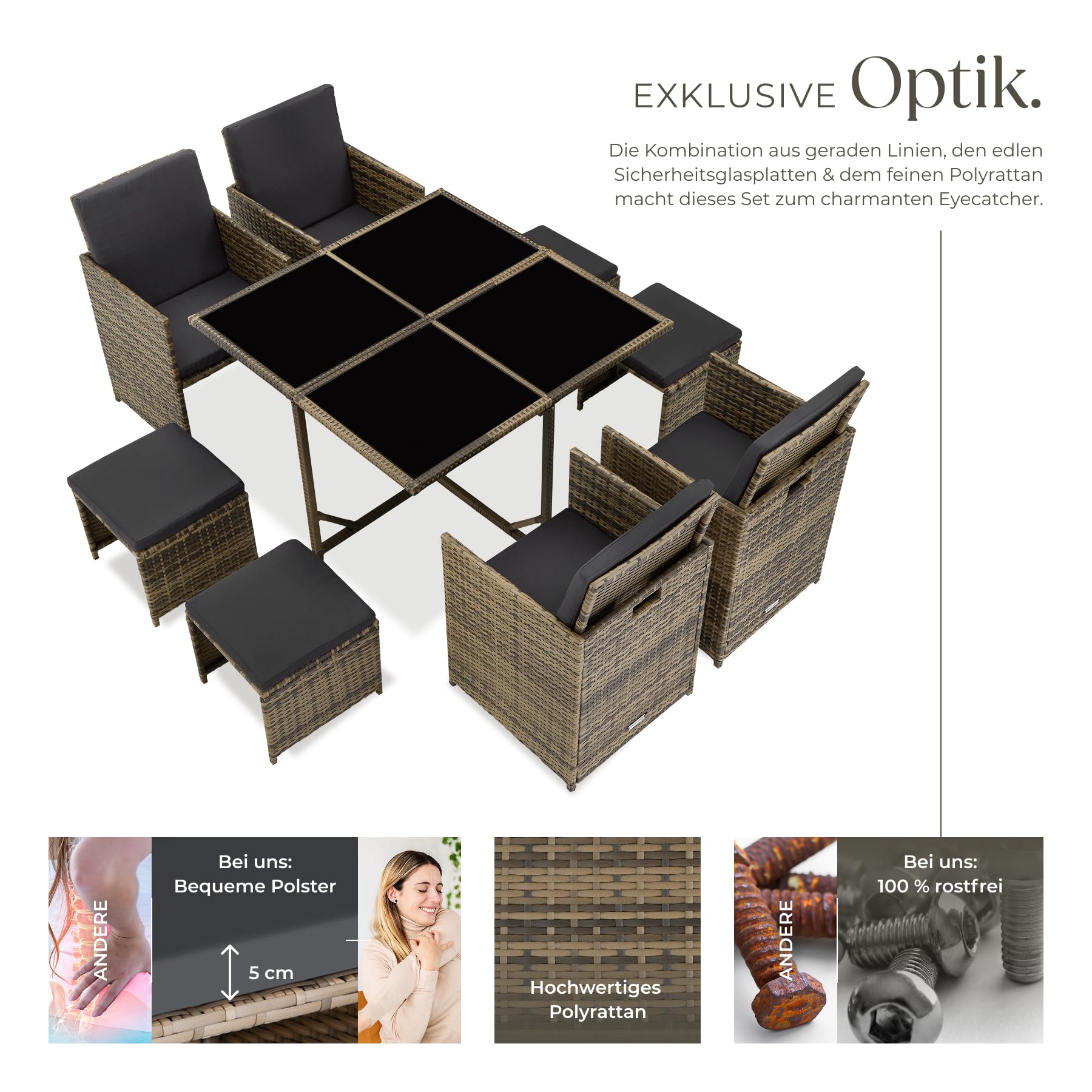 tectake Lounge Möbel Set aus 4X Stühle, 1x Tisch, 4X Hocker, wetterfest und platzsparende Cube Aufbewahrung inkl. Schutzhülle, Outdoor Rattan Gartenmöbel für Balkon, Garten und Terrasse - Natur