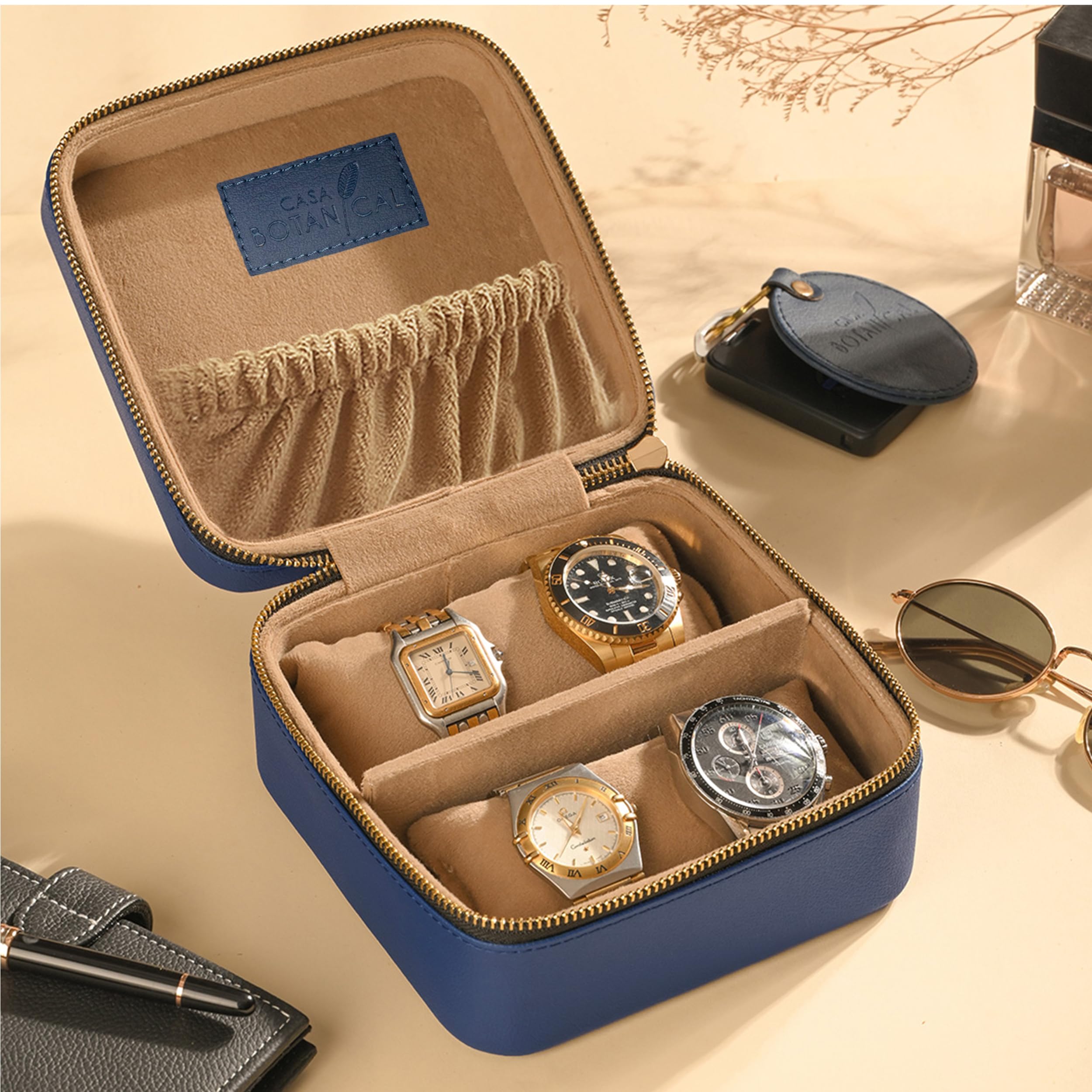 Faux Leather Organizer Box with Compartments | Travel Portable Leather Jewellery Box for Women & Men | Wrist Watch Organizer Box | Accessories Storage Box Gift for Rings, Earrings & Bracelets (Blue)