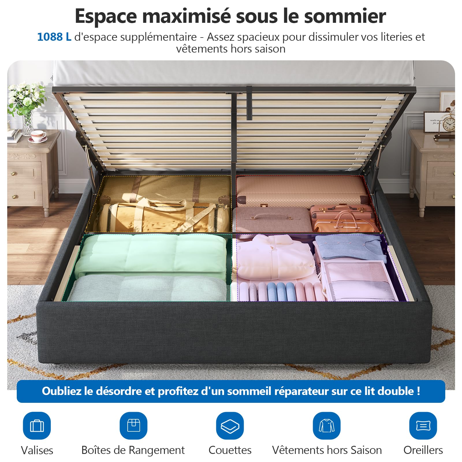 Brinlawb Lit Coffre 160x200 cm avec Rangement, système hydraulique, Cadre de lit 160x200 avec sommier et multiprise, lit Double 160x200 cm avec tête de lit réglable en Hauteur, lit 2 Personnes, Gris