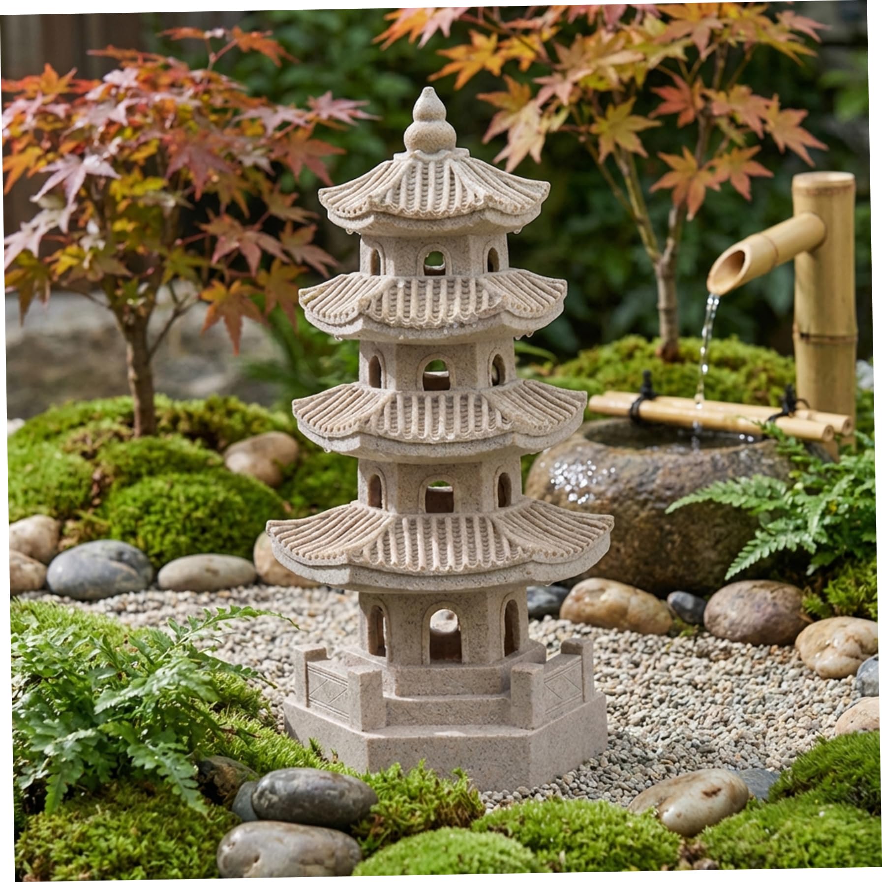 Faticenic Khaki Pagoda Garden Statue Solar Powered Pagoda Lantern Resin Outdoor Zen Japanese Garden Decor For Balcony, Patio, Porch, Yard 11.4X4.7x4.7 Inch Ornaments De Jardin