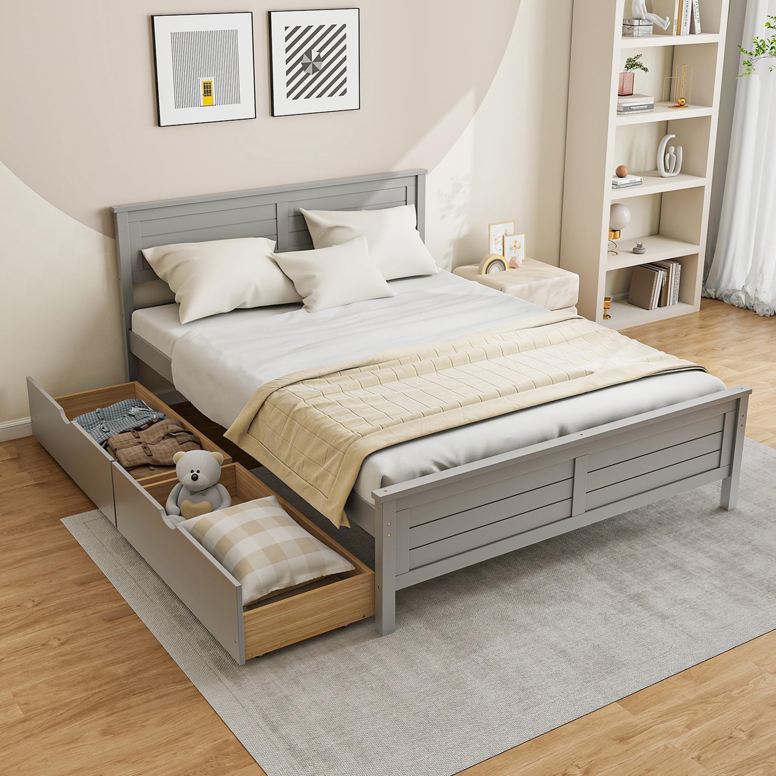Wood Full Bed Frame with 2 Storage Drawers, Platform Bed w/Headboard, Footboard & Wooden Slats Support, Full-Size Bedframe for Kids, Teens, Adults, No Box Spring Needed, Easy Assembly (Grey)