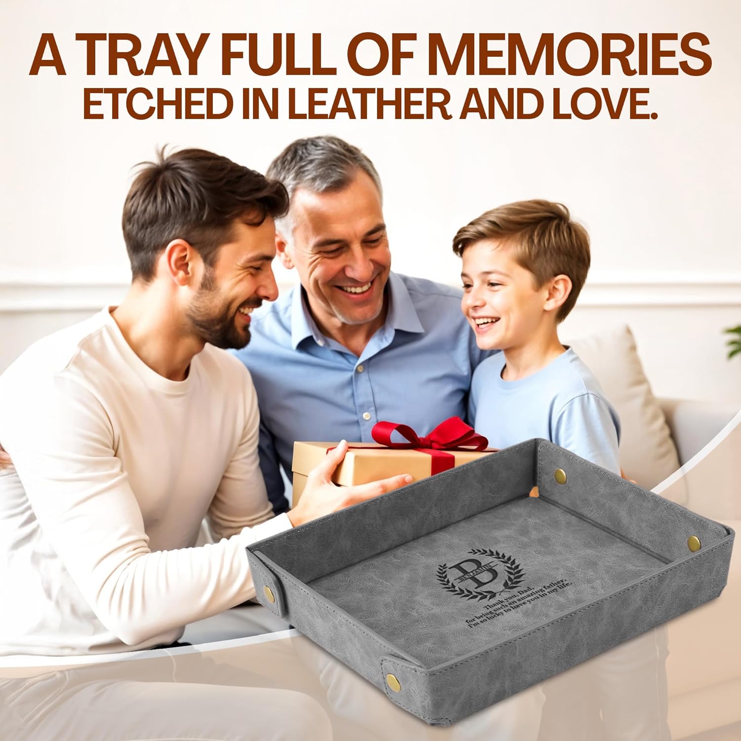 Engraved Leather Valet Tray for Men – Personalized Catchall with Custom Name for Desk, Dresser, Nightstand – Men's Organizer Tray for Keys, Wallet, Jewelry, Personalized Gift for Home, Office - Grey