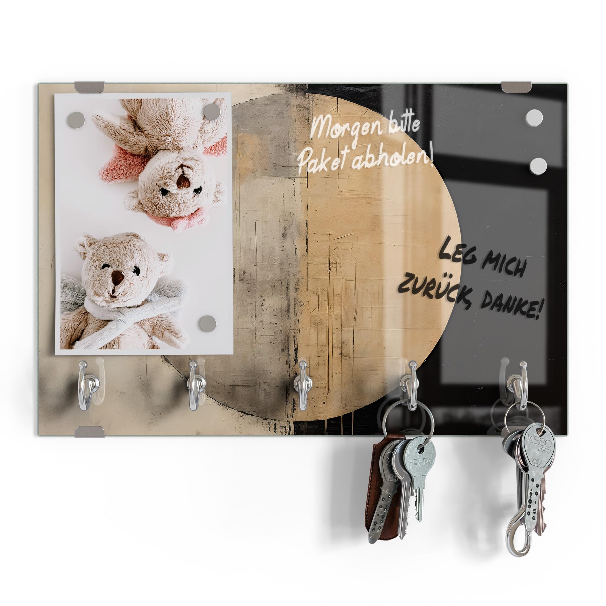 DEQORI Tablica na klucze ze szkła | motyw koła przeciwieństw | ok. 30 x 20 cm | z 5 haczykami, magnetyczna – nowoczesne przechowywanie kluczy i uchwyt na klucze do korytarza, biura, kluczy i breloków