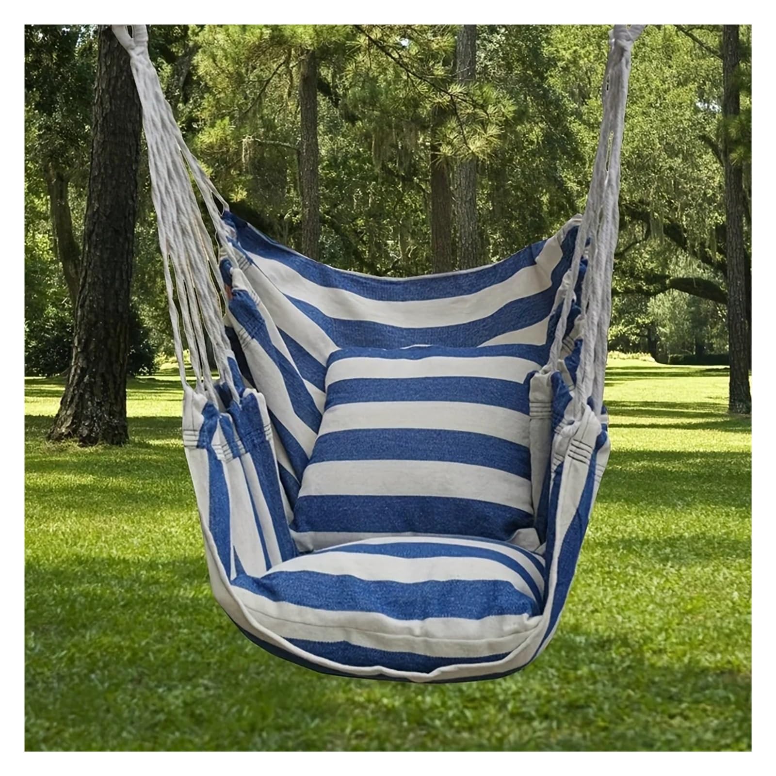 1pc Outdoor Hammock Chair, Canvas Leisure Swing Hanging Chair, Without Pillow And Cushion, Indoor Outdoor Hammock(Blue And White)