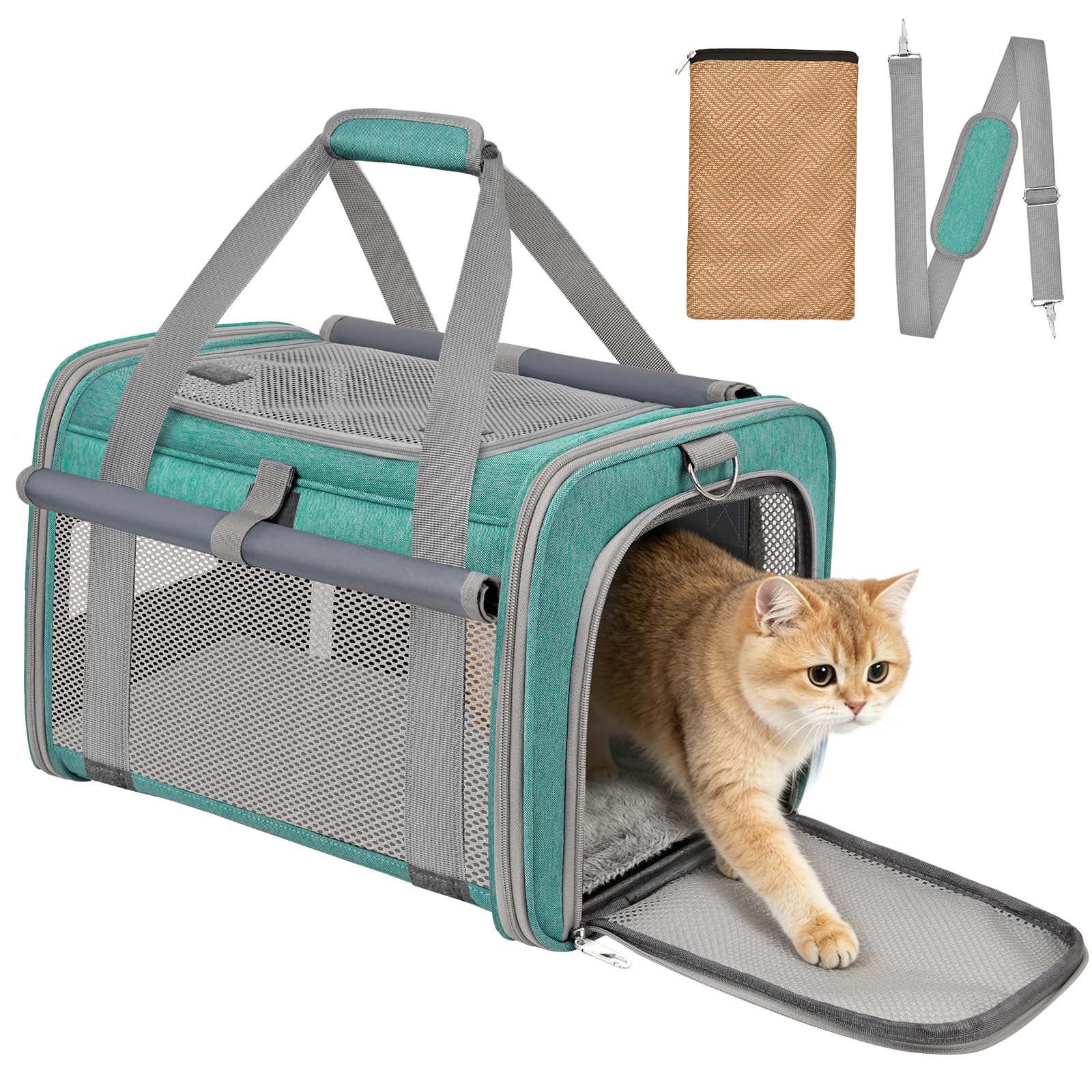 BTNEEU Trasportino Gatto Approvato Aereo Trasportino per Cani Pieghevole Borsa da Viaggio per Animali Domestici Portabile Borsa per Gatti con Tessuto Antigraffio e Cuscino Lavabile (Verde lago)