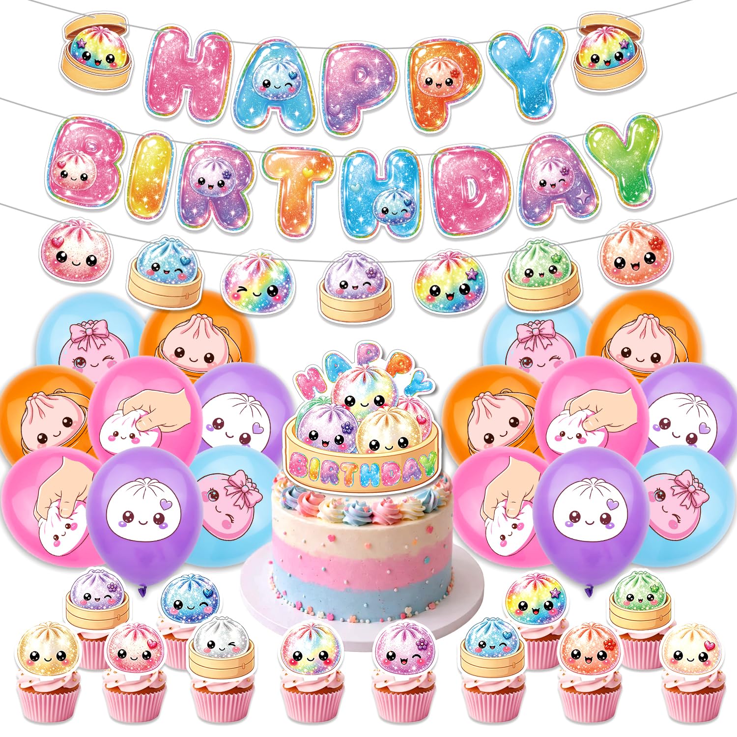 Squishy Bao Bun Birthday Party Decorations Supplies: Banner, Balloons, Cake Toppers Cake Decorations Cupcake Toppers, Ribbon