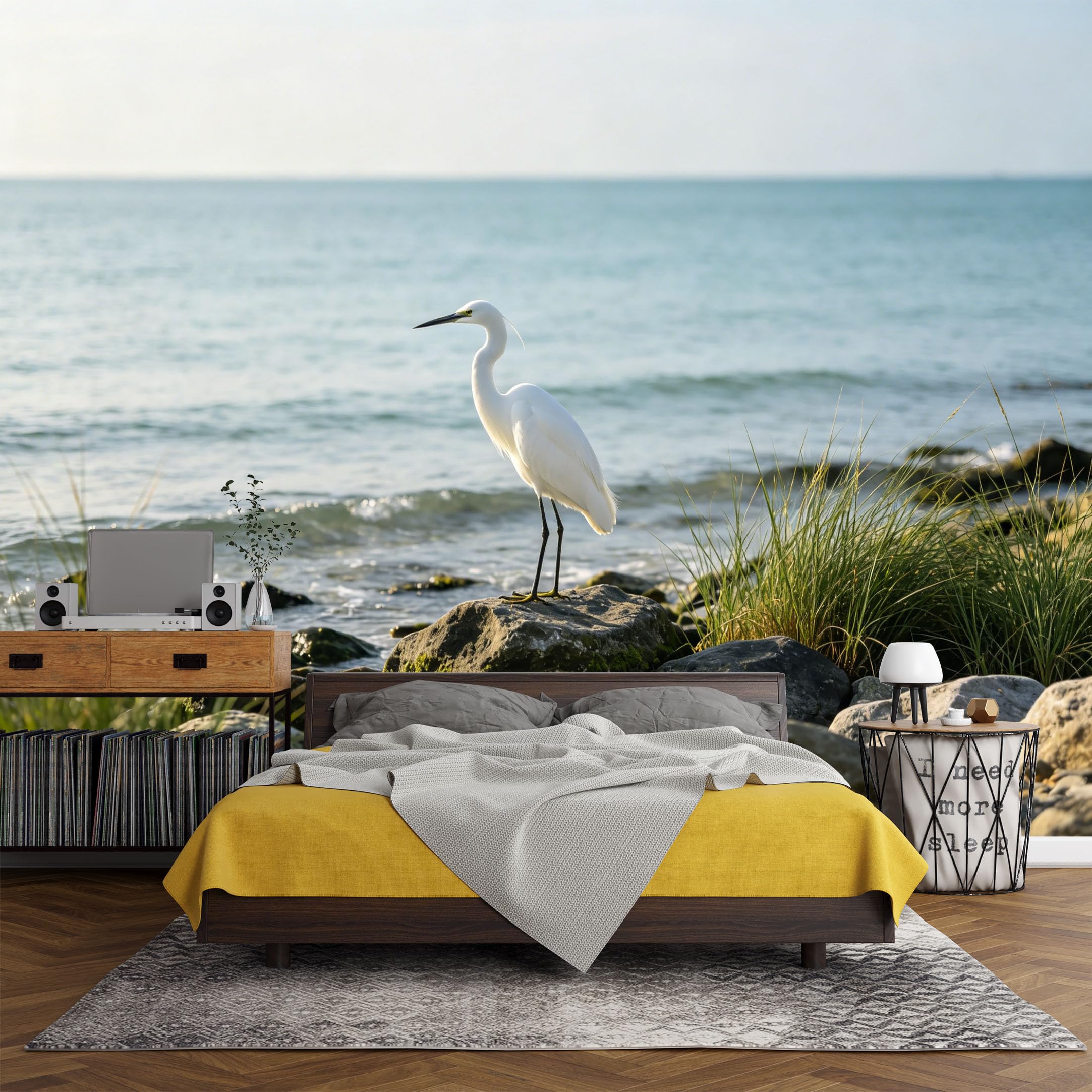 Custom Size Wall Mural， Coastal Seaside Egret Ocean Shore Rocks Sunset Nature Landscape，SelfAdhesive Art Prints wall Fabric (No PVC) Removable Wallpaper Living Room Decor