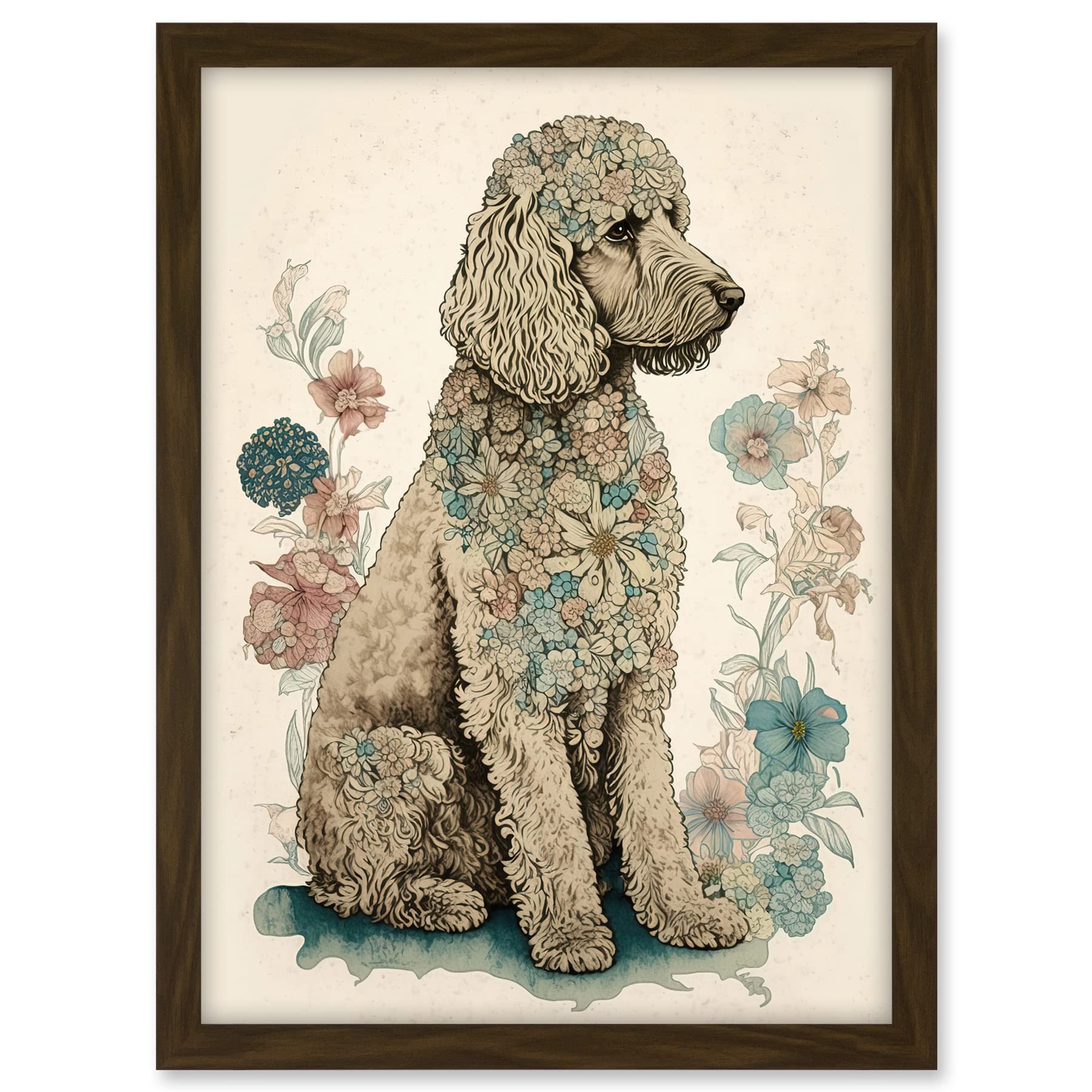 Artery8 Poodle Dog with Flower Fur Coat Modern Boho Watercolour Illustration Artwork Framed A3 Wall Art Print