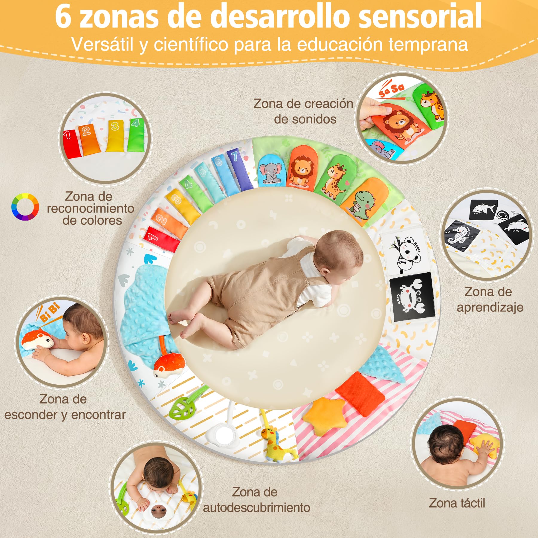 URMYWO Tapete Actividades Bebé, Alfombra Juegos Bebé con Arco Desmontable y 5 Juguetes Extraíbles, Estimula 6 Sentidos y Motricidad,Gimnasio Bebé Tummy Time 0-18 Meses,Juguete Ideal para Niña o Niño