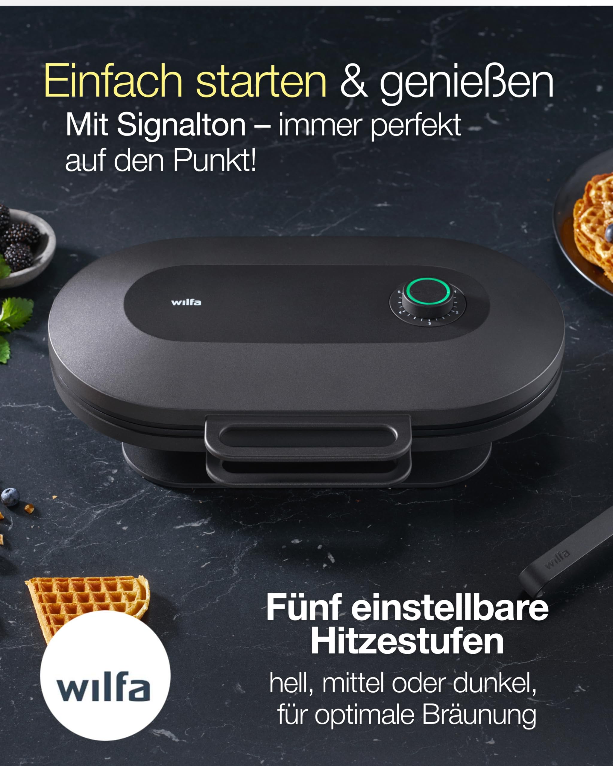Wilfa JOY Double Waffeleisen I 1.500 Watt I 2x18cm große Herzwaffeln I 5 Temperaturmodi I Mit Alarm-Glocke I Inkl. Teig-Löffel (schwarz)