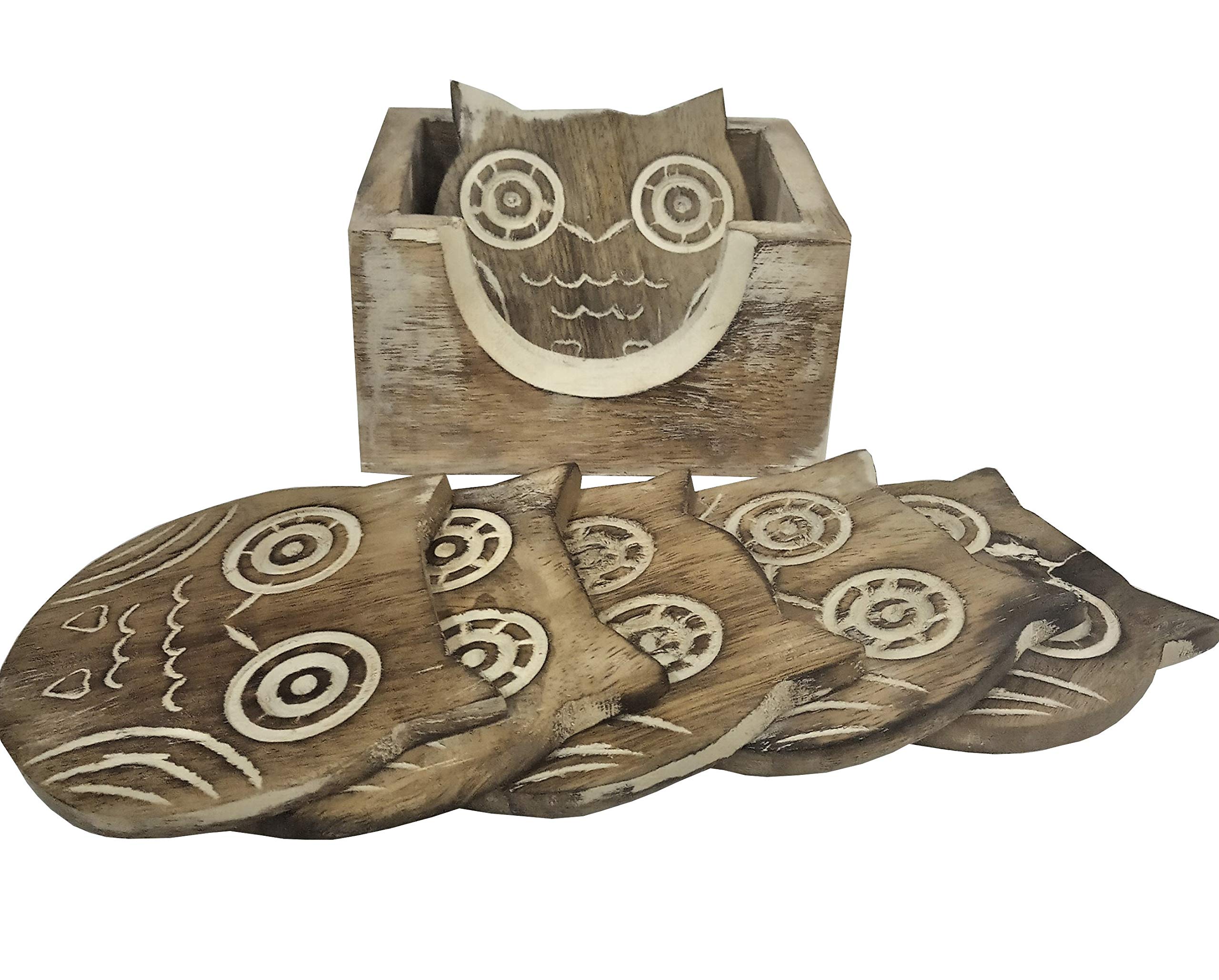 Purpledip Wooden Coaster Set 'Night Owl': 6 Owl Design Coasters in Distress Finish (12023), Brown - Image 3
